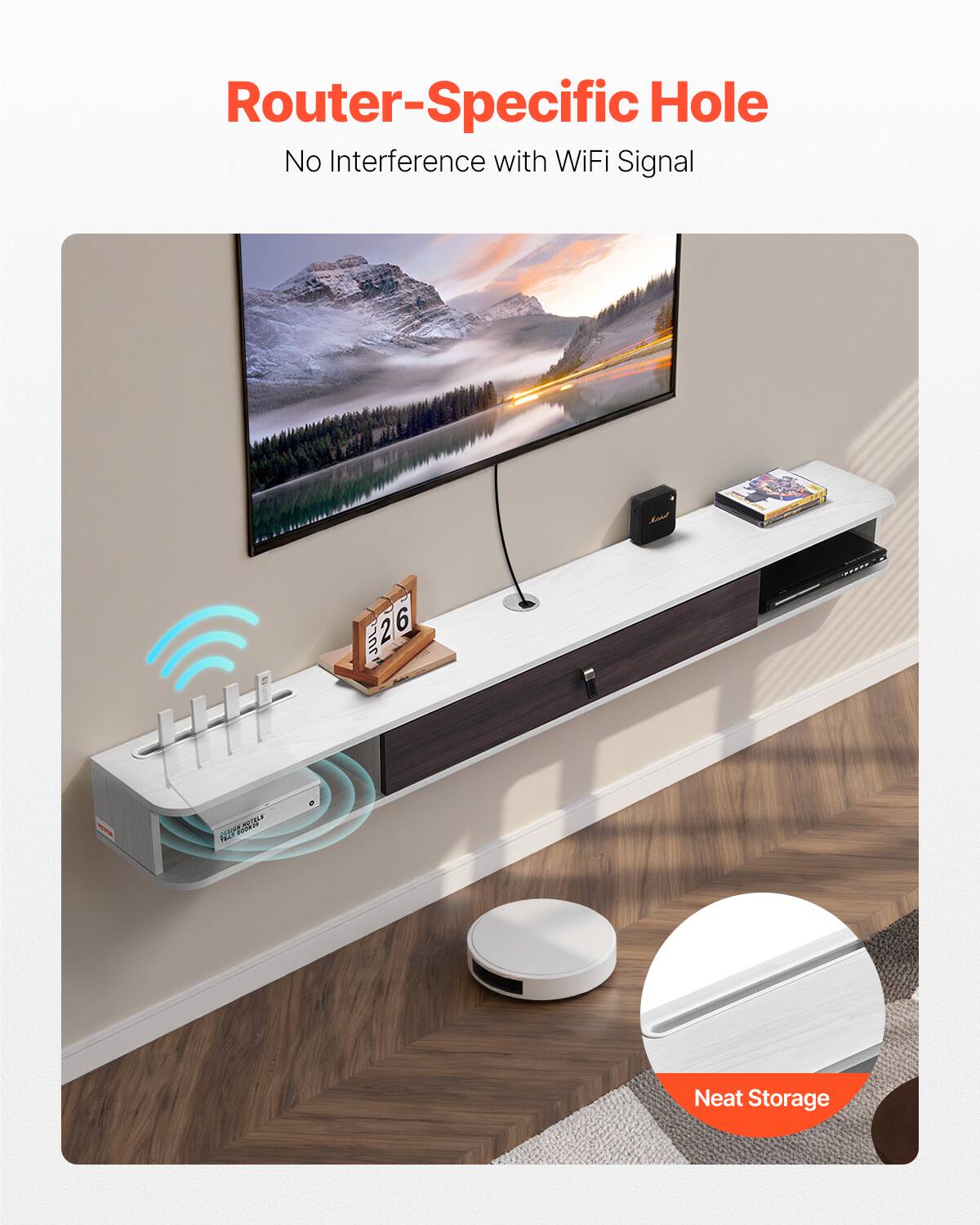 Router-Specific Hole  
No Interference with WiFi Signal  

Neat Storage