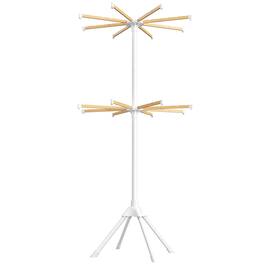 Songmics Home - Clothes Drying Rack 2-Tier, with Bamboo Hanging Rods, Foldable Metal Laundry Rack, Space-Saving, Free-Standing Airer - White and Natural
