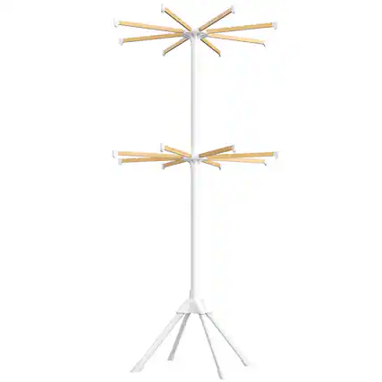 Front. Songmics Home - Clothes Drying Rack 2-Tier, with Bamboo Hanging Rods, Foldable Metal Laundry Rack, Space-Saving, Free-Standing Airer - White and Natural.