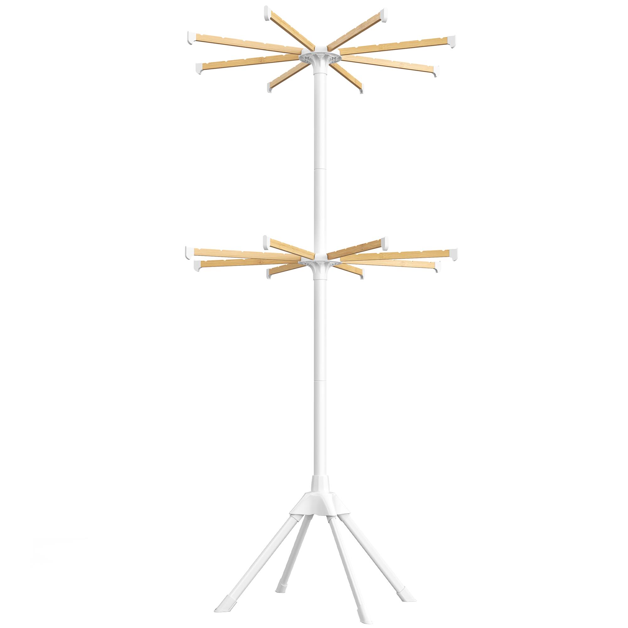 Front. Songmics Home - Clothes Drying Rack 2-Tier, with Bamboo Hanging Rods, Foldable Metal Laundry Rack, Space-Saving, Free-Standing Airer - White and Natural.