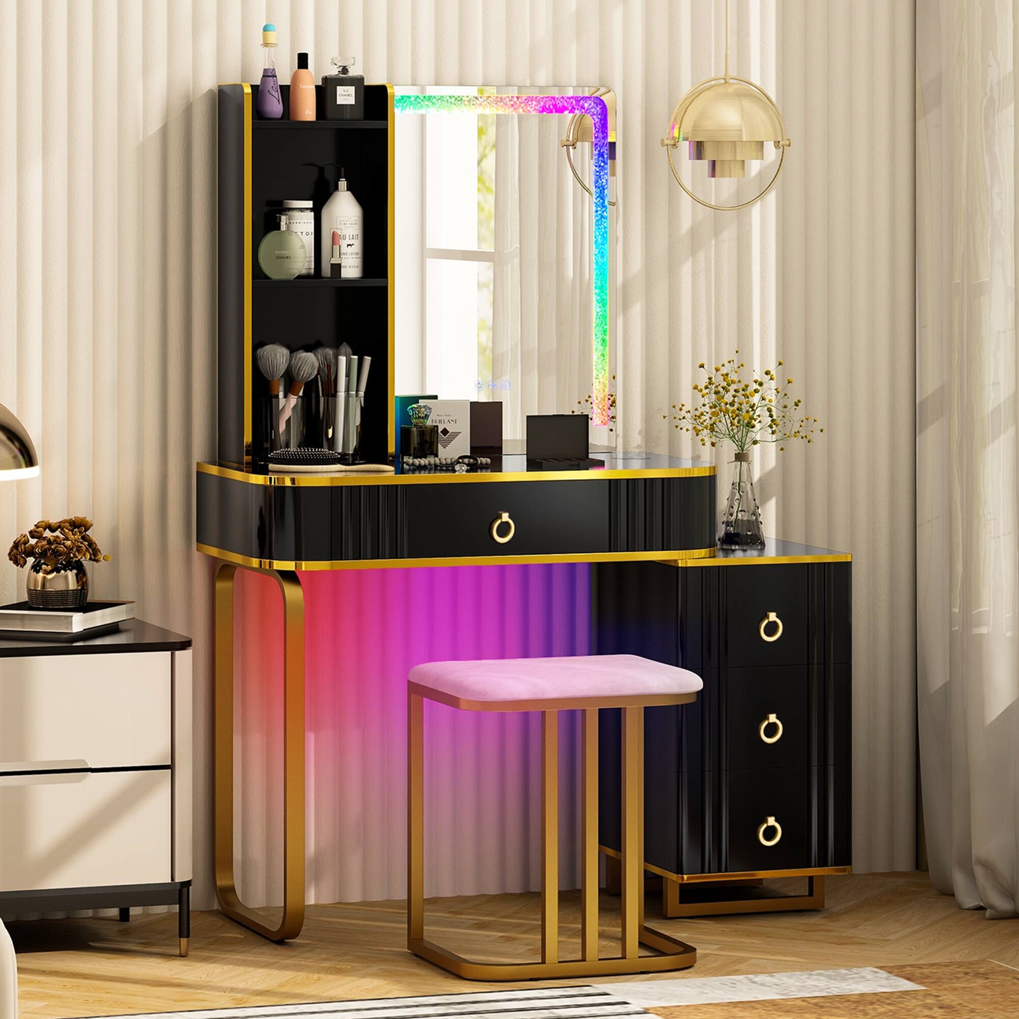 Alt View 4. Costway - Costway Vanity Table Set with RGB LED Lights Crystal Crush Diamond Mirror Drawers - Black.