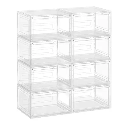 Front. Songmics Home - Shoe Boxes Set of 8, Stackable Shoe Organizers with Doors, 13 x 11.2 x 7.6 Inches, Fits Shoes up to US Size 12 - Transparent White.
