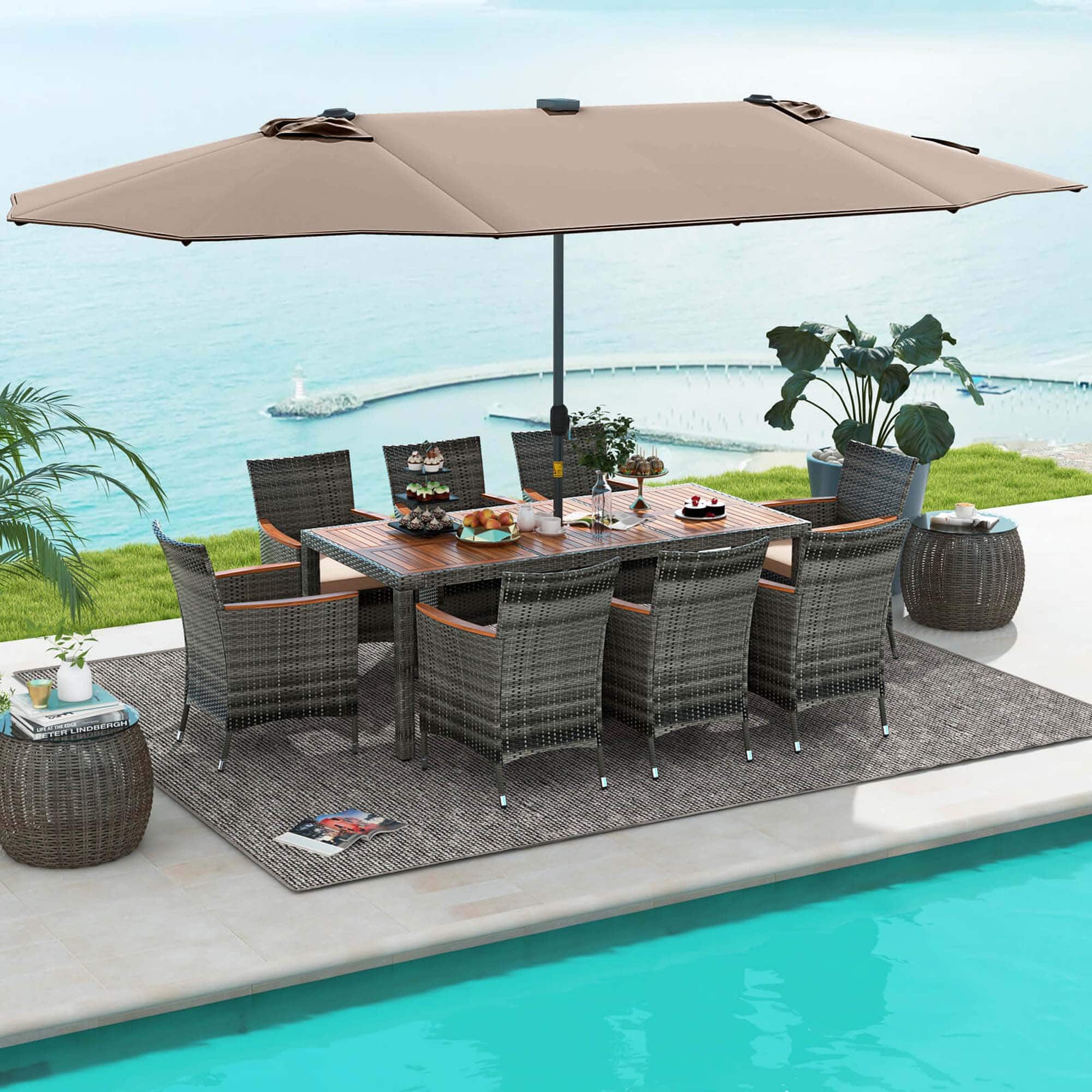 Alt View 2. Costway - 11 PCS Patio Dining Set with 15 ft Double-Sided Patio Umbrella 8 Armchairs - Mix Gray,Beige,Tan.