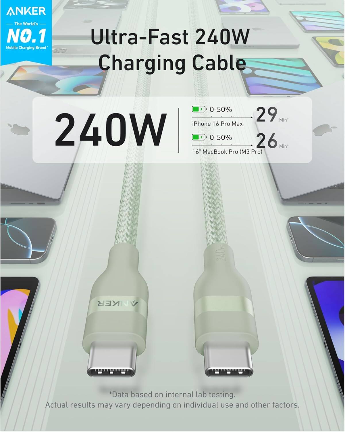 ANKER  
The World's NO.1 Mobile Charging Brand  

Ultra-Fast 240W Charging Cable  

240W  

iPhone 16 Pro Max  
0-50% 29 Min*  

16" MacBook Pro (M3 Pro)  
0-50% 26 Min*  

*Data based on internal lab testing. Actual results may vary depending on individual use and other factors.