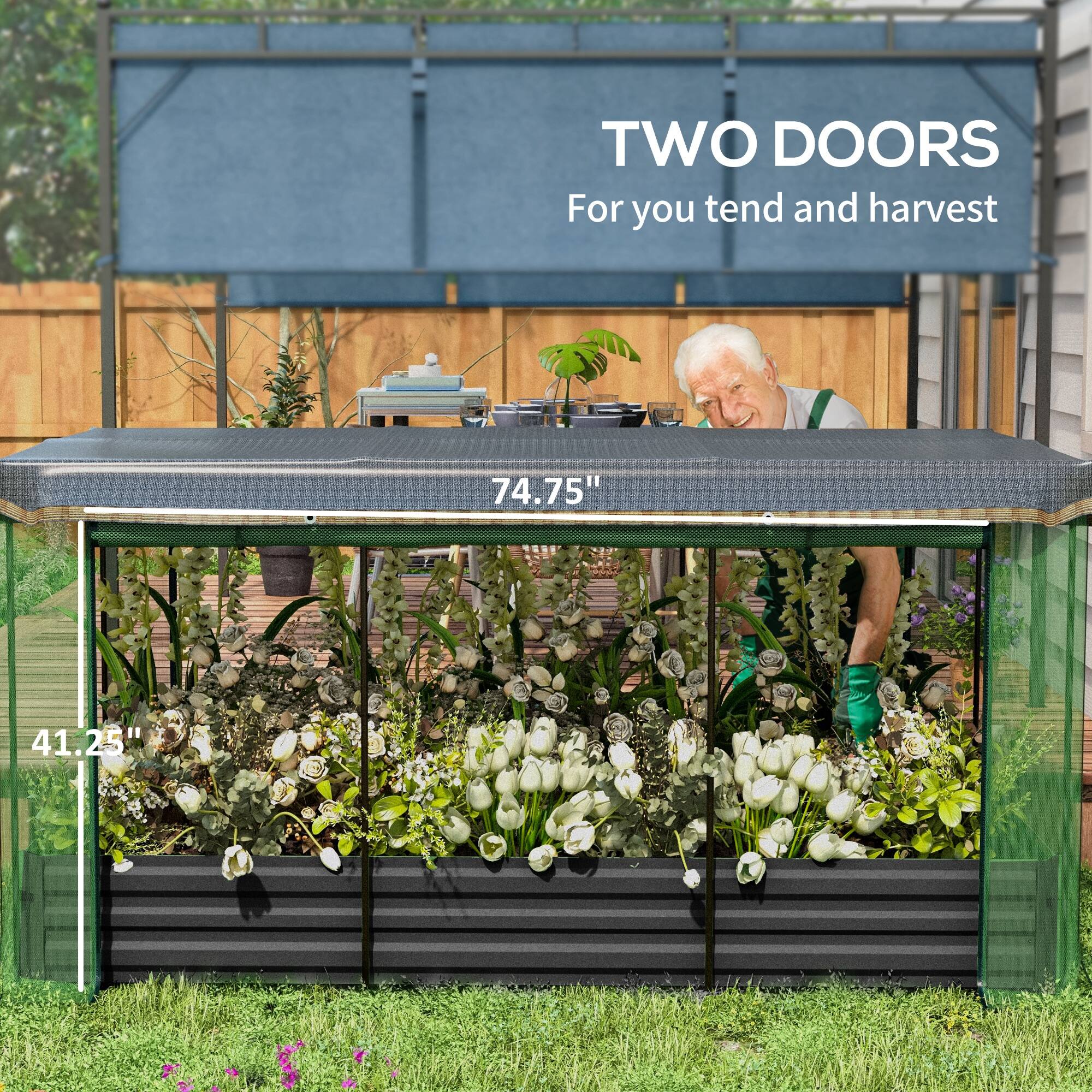 TWO DOORS  
For you tend and harvest  

74.75"  
41.25"