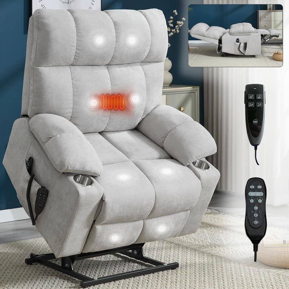 Back. Kadyn - Oversized Dual Motor Power Lift Recliner, 24.5" Wide Seat, Massage & Heat, Cup Holders, 350lb Capacity, Beige - Beige.