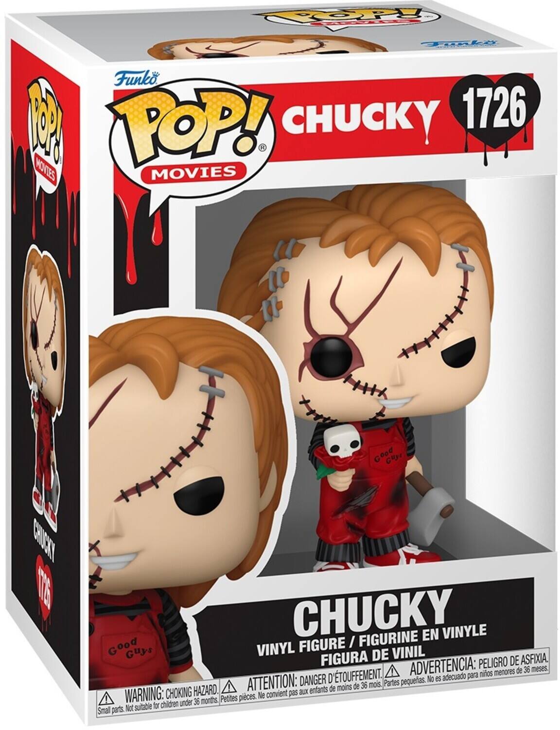 Sure, here is the corrected and grouped text from the image:

---

**Funko POP! MOVIES**

**CHUCKY**  
1726

**VINYL FIGURE / FIGURINE EN VINYLE / FIGURA DE VINIL**

**WARNING: CHOKING HAZARD - Small parts. Not suitable for children under 36 months.**  
**ATTENTION: aux enfants de moins de 36 mois, Petites pièces. Ne convient pas**  
**ADVERTENCIA: PELIGRO DE ASFIXIA, menores de 36 meses. Partes pequeñas. No es adecuado para niños menores de 36 meses.**

---

This text includes the brand, product name, number, and safety warnings from the packaging.