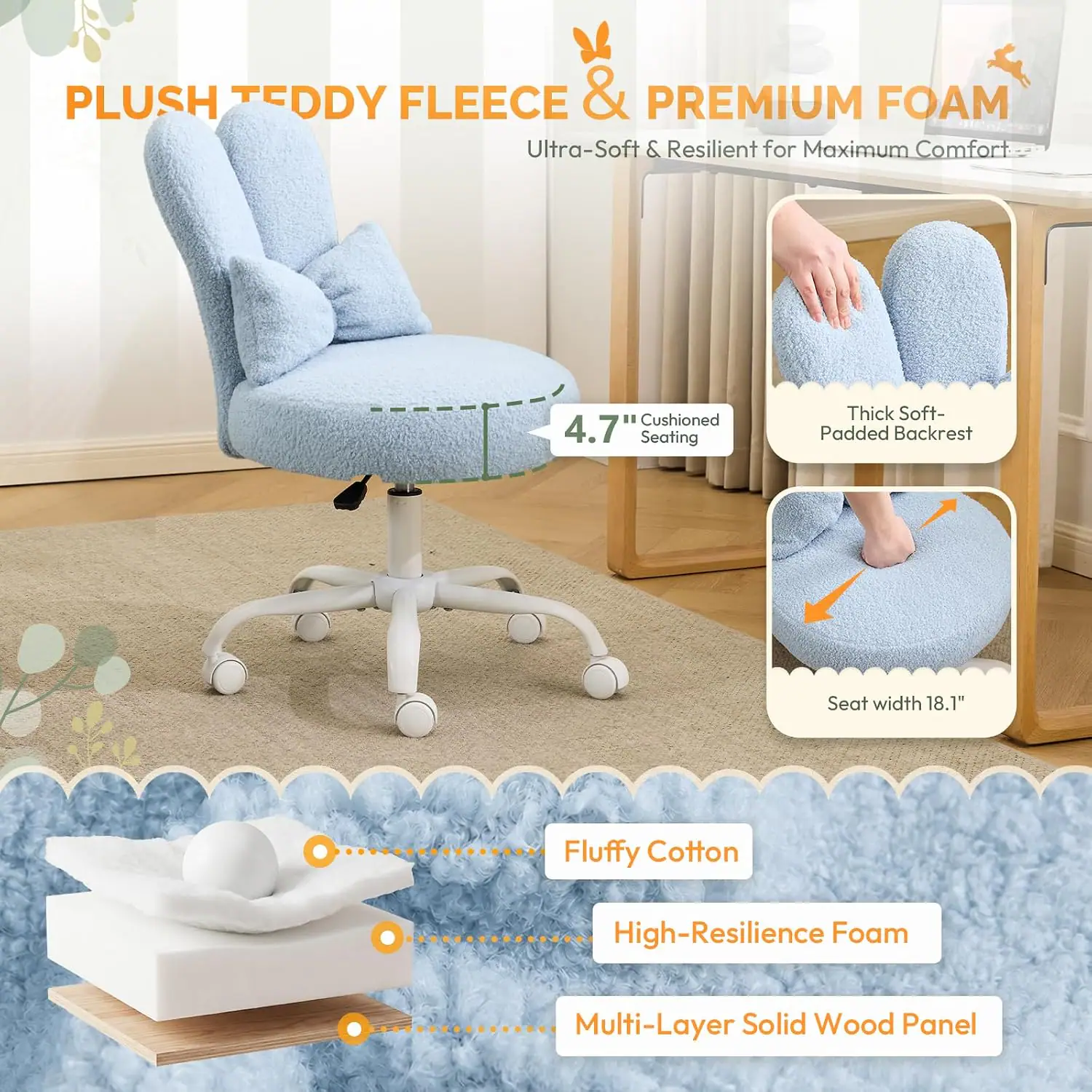 PLUSH TEDDY FLEECE & PREMIUM FOAM  
Ultra-Soft & Resilient for Maximum Comfort  
Cushioned 4.7" Seating  
Thick Soft-Padded Backrest  
Seat width 18.1"  
Fluffy Cotton  
High-Resilience Foam  
Multi-Layer Solid Wood Panel