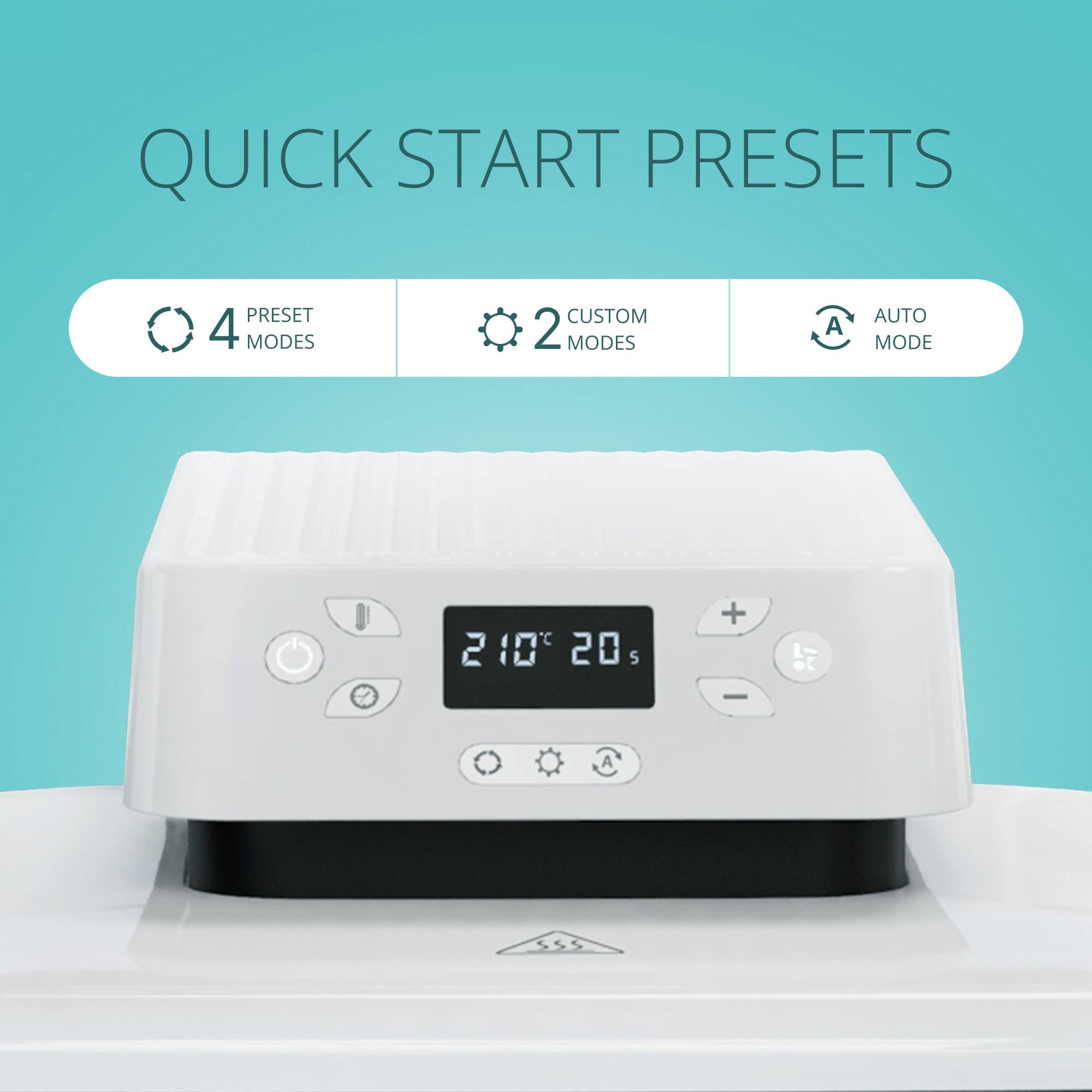 QUICK START PRESETS

4 PRESET MODES

2 CUSTOM MODES

AUTO MODE

210° 20s