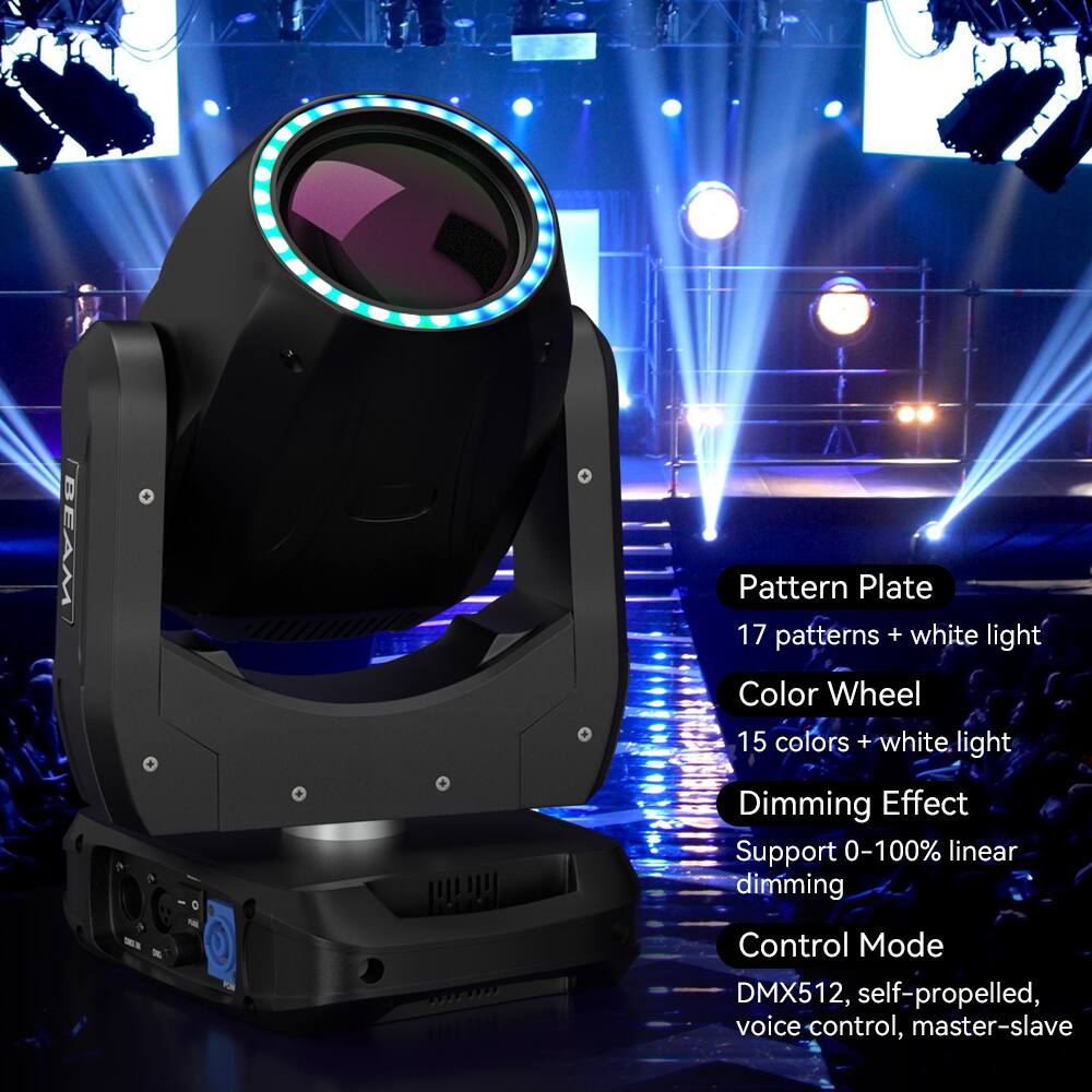 BEAM ARUAROA

- Pattern Plate: 17 patterns + white light
- Color Wheel: 15 colors + white light
- Dimming Effect: Support 0-100% linear dimming
- Control Mode: DMX512, self-propelled, voice control, master-slave