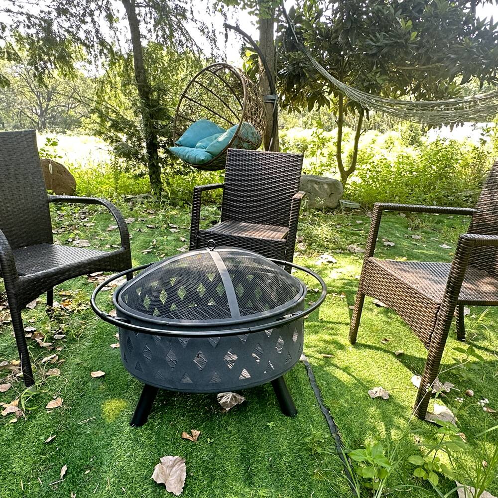 Front. APRILSOUL - Round Fire Pit with Net Cover Fire Poker Diamond Mesh Metal Wood Burning Outdoor - Black.