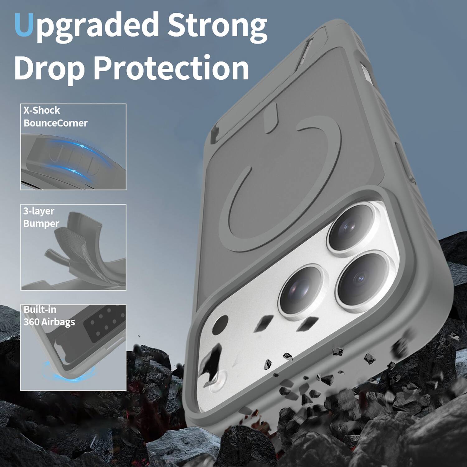 Upgraded Strong Drop Protection

X-Shock Bounce Corner

3-layer Bumper

Built-in 360 Airbags