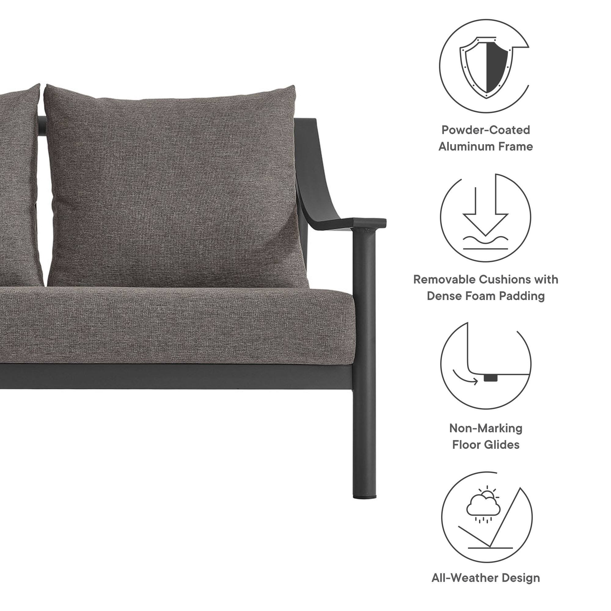 Powder-Coated Aluminum Frame  
Removable Cushions with Dense Foam Padding  
Non-Marking Floor Glides  
All-Weather Design
