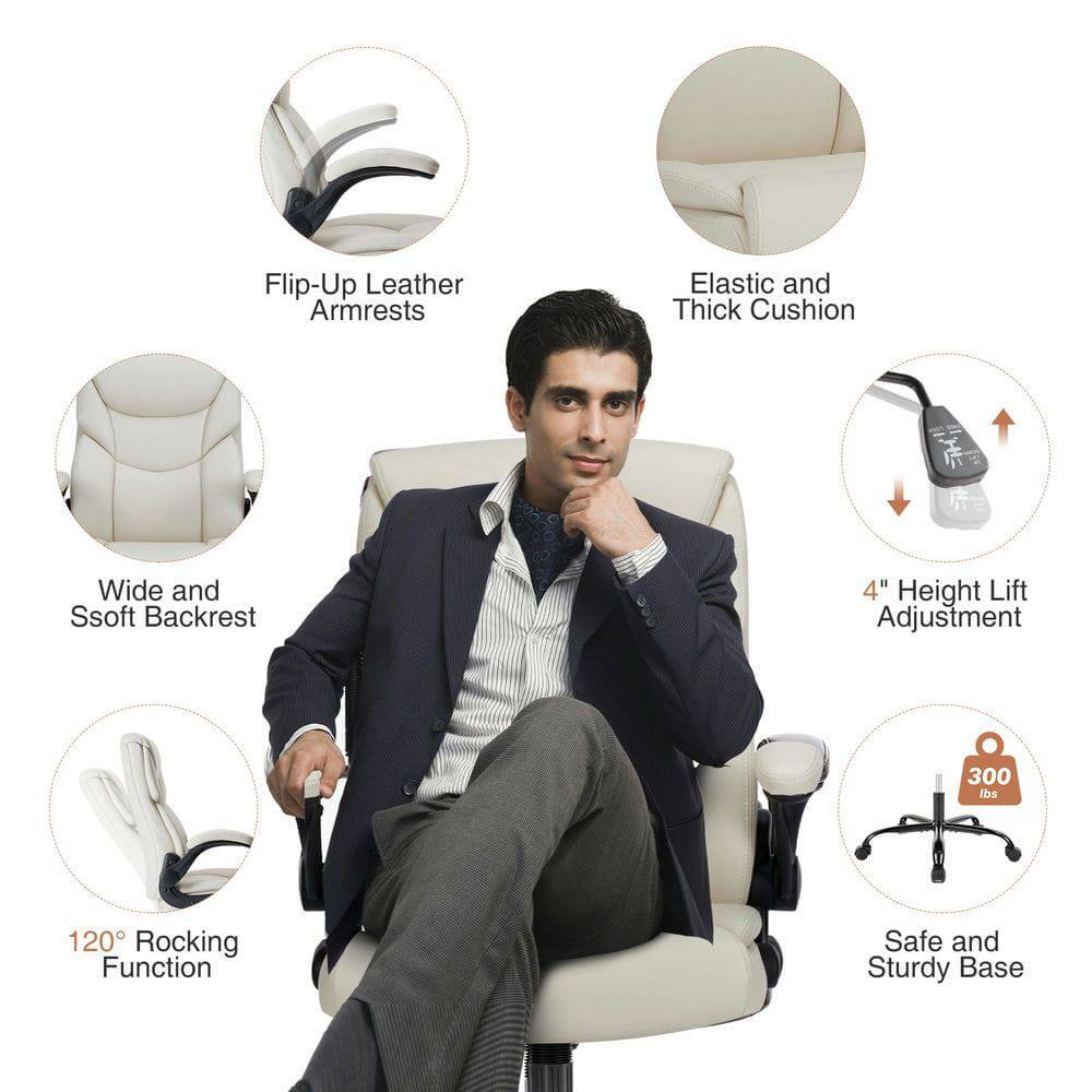 Flip-Up Leather Armrests  
Elastic and Thick Cushion  
Wide and Soft Backrest  
4" Height Lift Adjustment  
120° Rocking Function  
300 lbs  
Safe and Sturdy Base