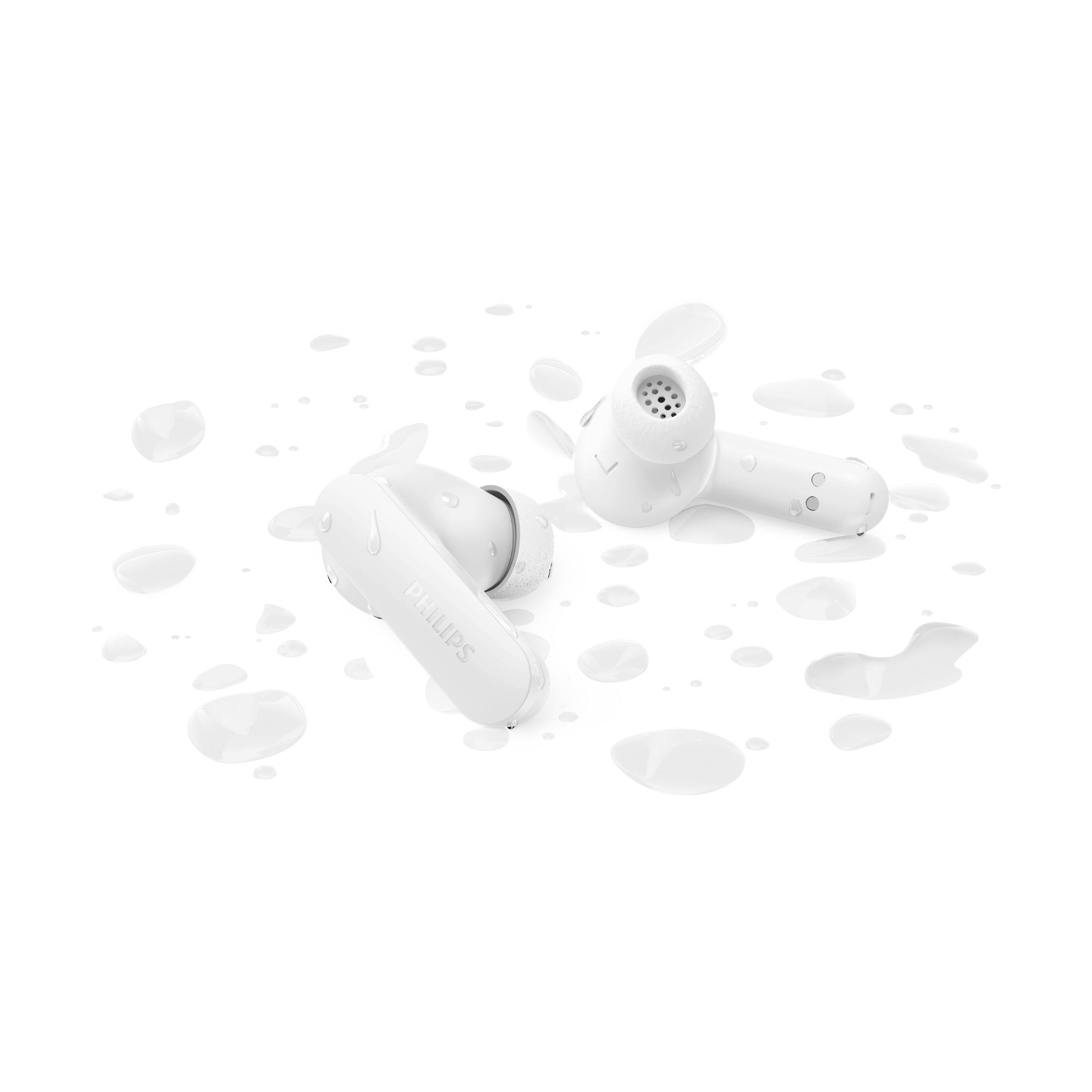 Left. Philips - TAT2200 True Wireless Bluetooth Earbuds with Active Noise Canceling, 4-Mic Technology, 36H Playtime - White.