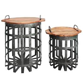 Manhattan Lane - Industrial Grid Galvanized Accent End Table with Round Lid and Handles, Set of 2 - Gray and Brown