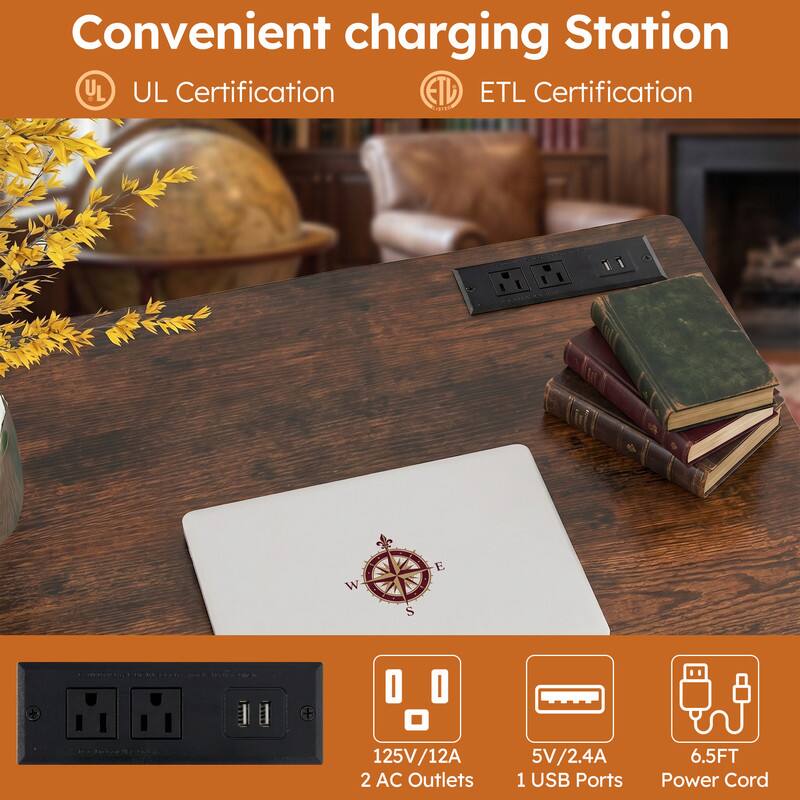 Convenient charging Station  
UL UL Certification  
ETL ETL Certification  
125V/12A  
2 AC Outlets  
5V/2.4A  
1 USB Ports  
6.5FT Power Cord
