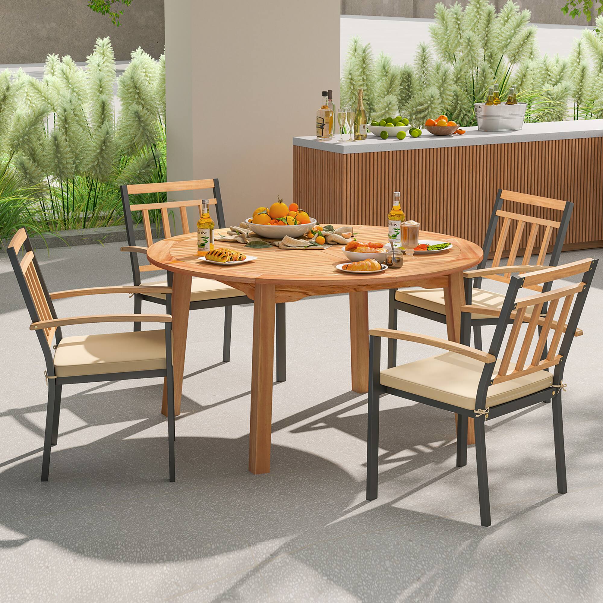 Alt View 3. Gymax - Gymax Round Patio Dining Table Acacia Wood Outdoor Dining Table w/ 2'' Umbrella Hole - Natural.