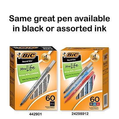 Same great pen available in black or assorted ink

BIC Round Stic Xtra Life
Writes 90% Longer
60 Pens
30 Black, 20 Blue, 10 Red
442901

BIC Round Stic Xtra Life
Writes 50% Longer
60 Pens
30 Black, 20 Blue, 10 Red
24298912