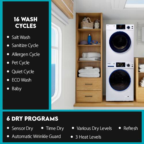 16 WASH CYCLES  
- Salt Wash  
- Sanitize Cycle  
- Allergen Cycle  
- Pet Cycle  
- Quiet Cycle  
- ECO Wash  
- Baby  

6 DRY PROGRAMS  
- Sensor Dry  
- Time Dry  
- Various Dry Levels  
- Refresh  
- Automatic Wrinkle Guard  
- 3 Heat Levels