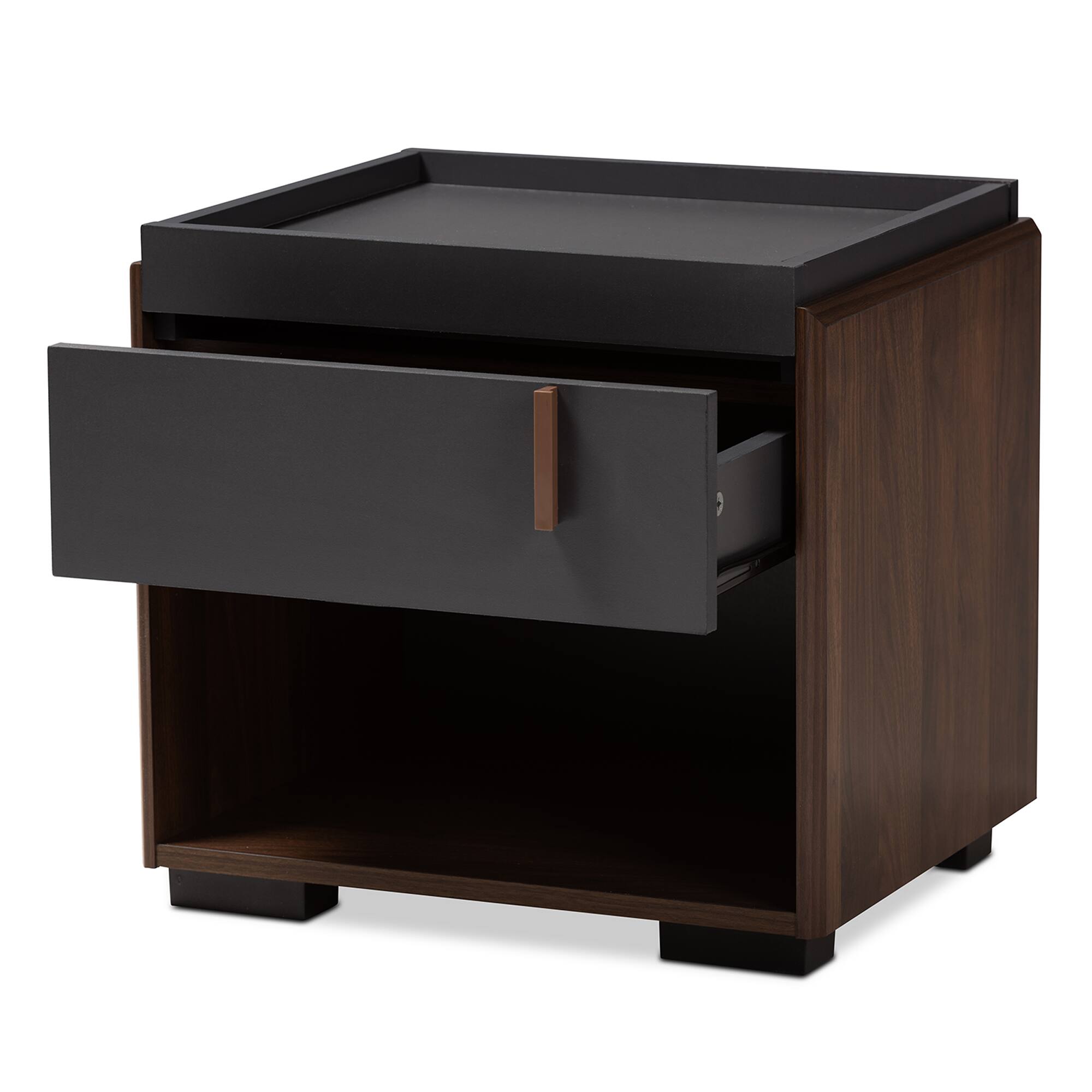 Angle. Baxton Studio - Rikke Modern and Contemporary Two-Tone Gray and Walnut Finished Wood 1-Drawer Nightstand - Gray/Walnut.