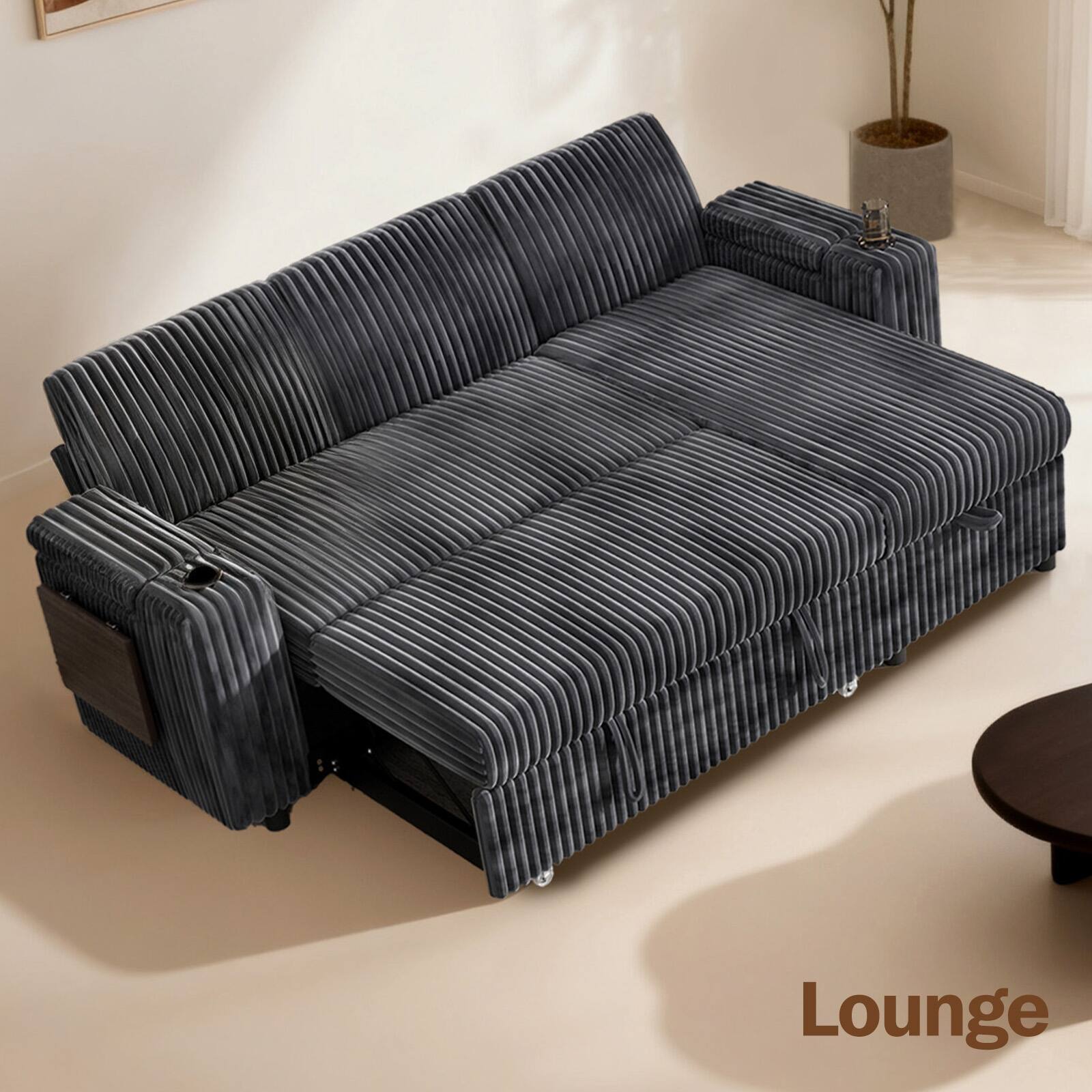 Front. Dyonery - Dyonery 85 "Modular sofa, adjustable backrest, with storage, tool-free assembly, corduroy grey - Grey.