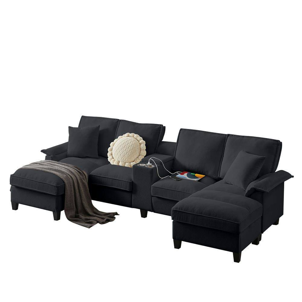 Alt View 10. Kadyn - 120" U-Shaped Sectional Sofa Bed, 4-Seater Corduroy with Storage and Cup Holders, Black - Black.