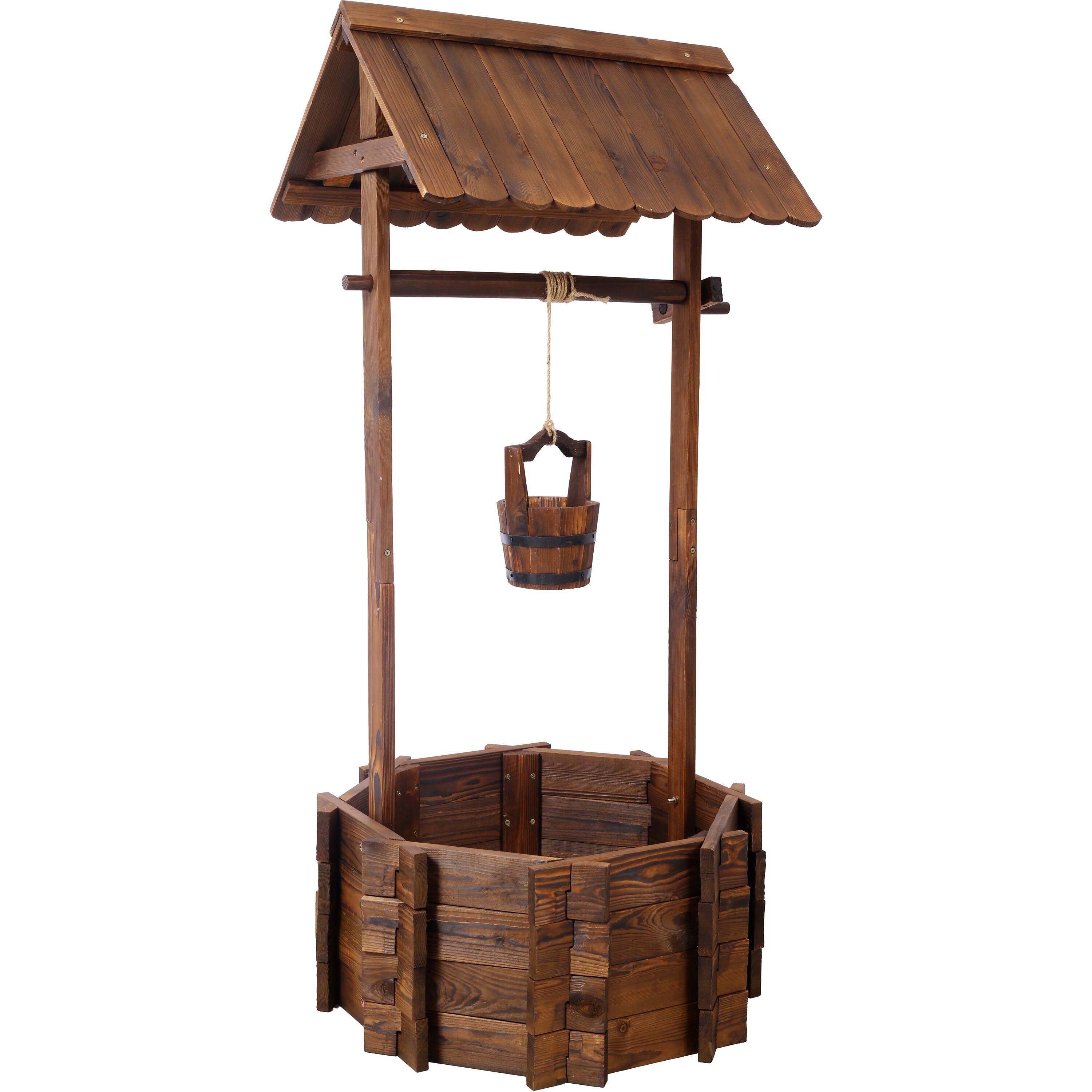 Left. GOODSILO - Rustic Wooden Wishing Well Planter for Garden and Patio Decor with Hanging Bucket and Protective Roof - Brown.