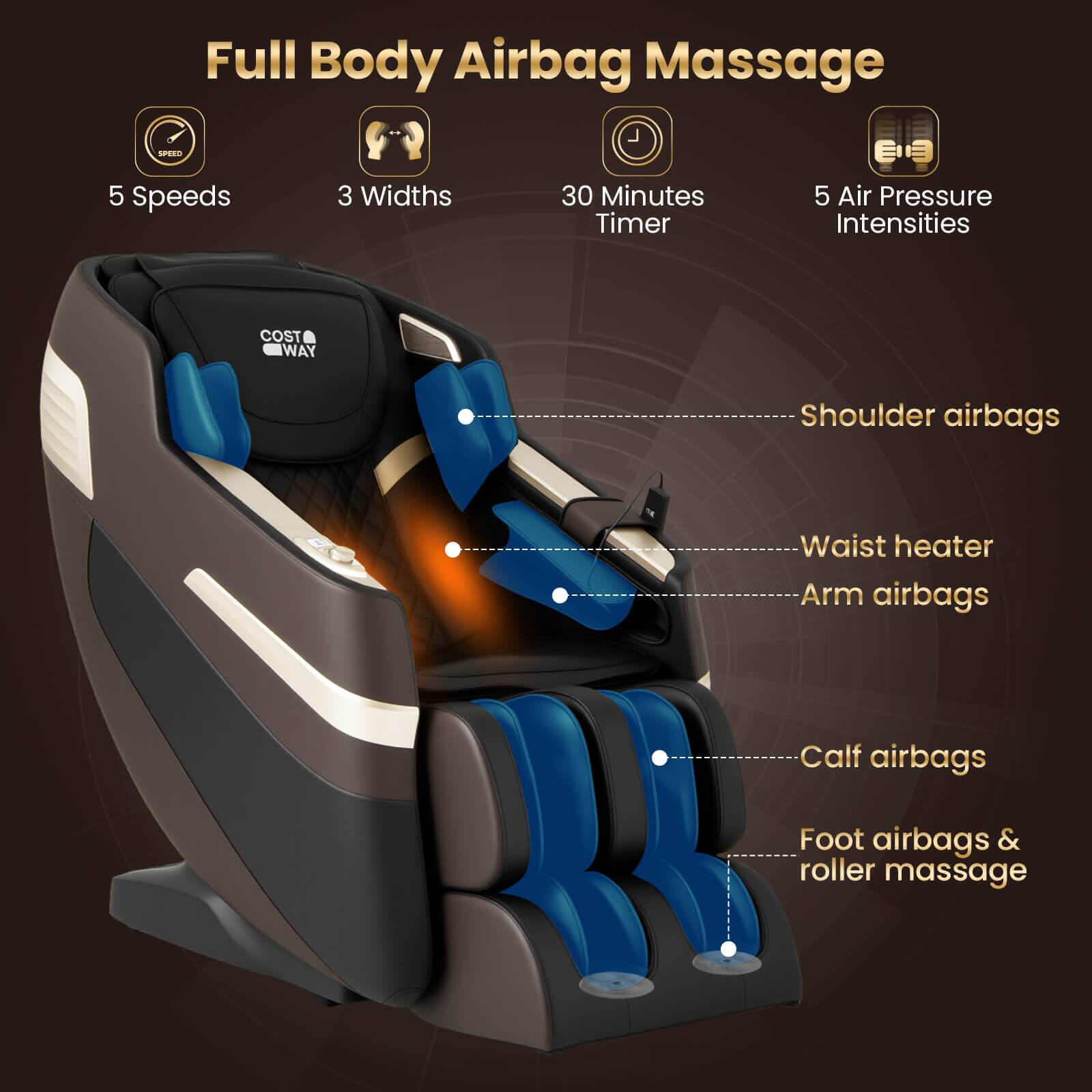 Full Body Airbag Massage: 5 Speeds, 3 Widths, 30 Minutes Timer, 5 Air Pressure Intensities.