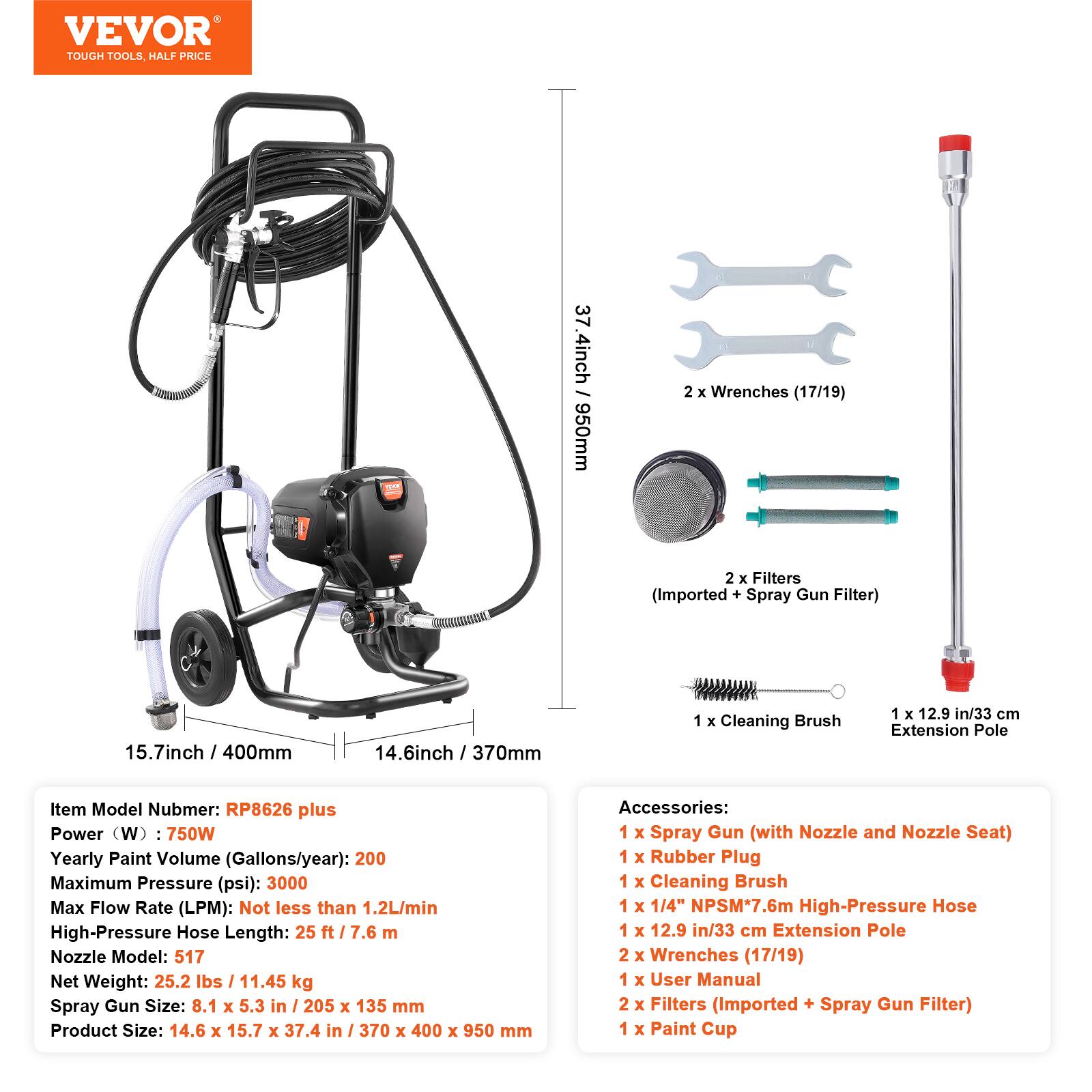 VEVOR TOUGH TOOLS, HALF PRICE

37.4inch 950mm

2 X Wrenches (17/19)

2 X Filters (Imported + Spray Gun Filter)

15.7inch 400mm

14.6inch 370mm

1 X Cleaning Brush

1 X 12.9 in/33 cm Extension Pole

Item Model Number: RP8626 plus

Power (W): 750W

Yearly Paint Volume (Gallons/year): 200

Maximum Pressure (psi): 3000

Max Flow Rate (LPM): Not less than 1.2L/min

High-Pressure Hose Length: 25 ft /7.6 m

Nozzle Model: 517

Net Weight: 25.2 lbs / 11.45 kg

Spray Gun Size: 8.1 X 5.3 in / 205 X 135 mm

Product Size: 14.6 X 15.7 X 37.4 in / 370 X 400 X 95