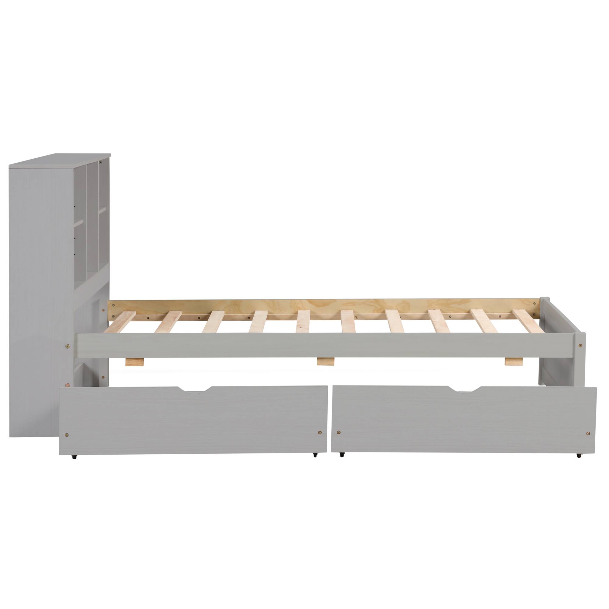 Alt View 6. GOODSILO - Contemporary Twin Size Bed Frame with USB Charging Port, Bookcase Headboard, and Underbed Storage Drawers - Grey.