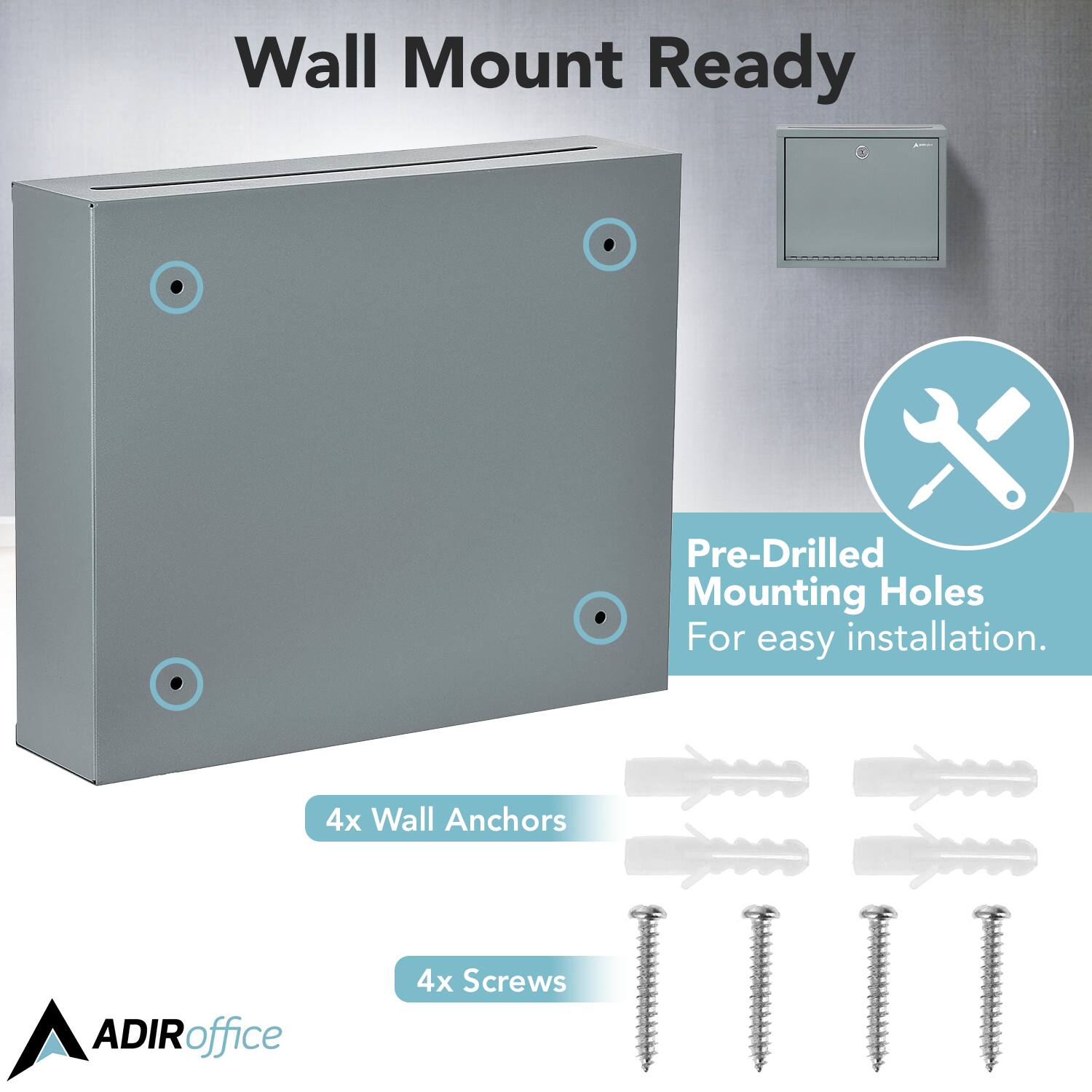 Wall Mount Ready, Pre-Drilled Mounting Holes For easy installation, 4x Wall Anchors, 4x Screws, ADIRoffice