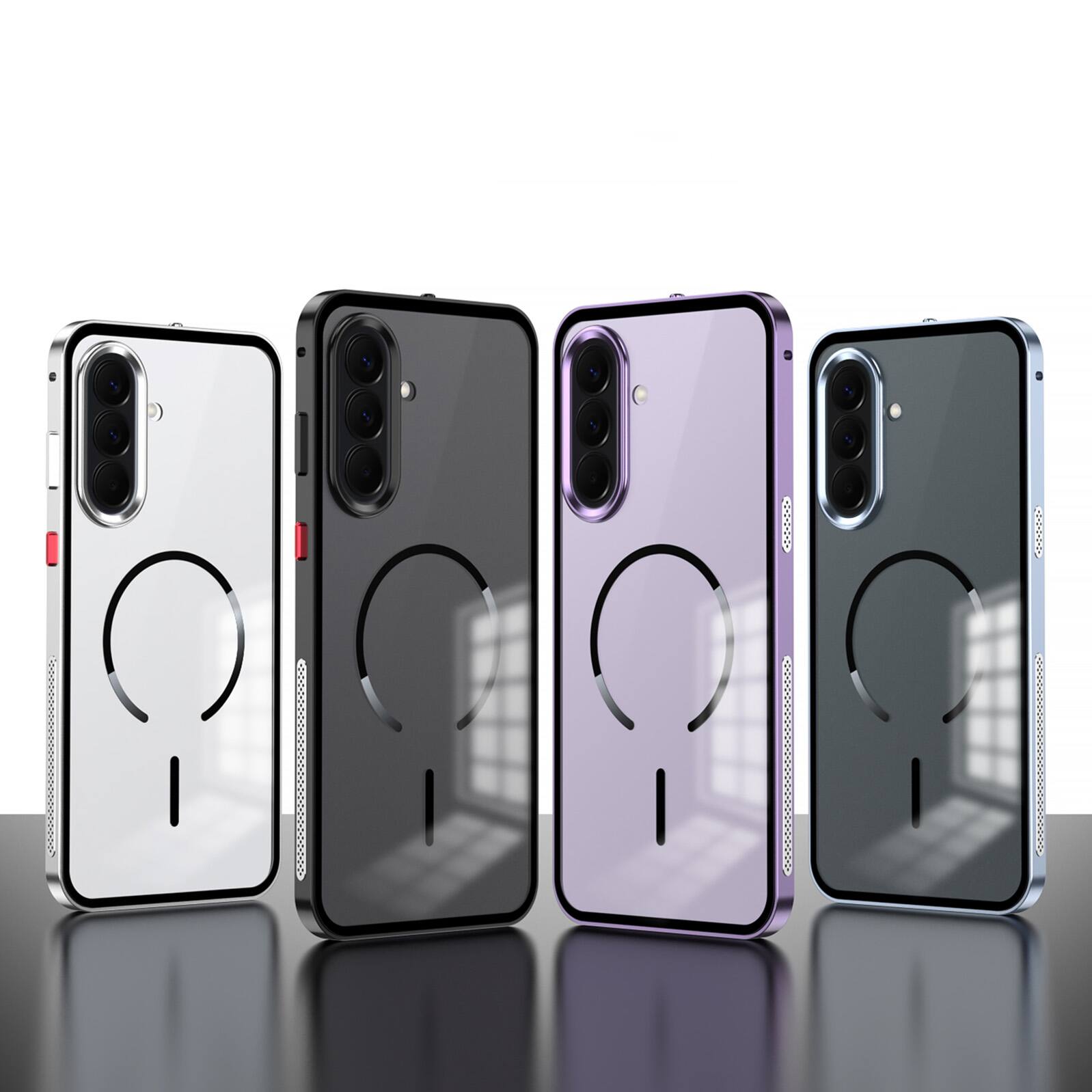 Angle. Dteck - Magnetic Aluminum Bumper Case for Samsung Galaxy A37 5G, Slim Shockproof Translucent Matte Phone Cover with Buckle Lock - Silver.