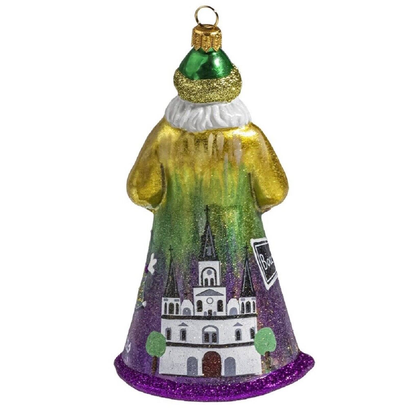 Angle. Joy to the World Collectibles - Joy to the World Glitterazzi New Orleans Santa with Mardi Gras Beads Polish Glass Ornament - Multicolor.