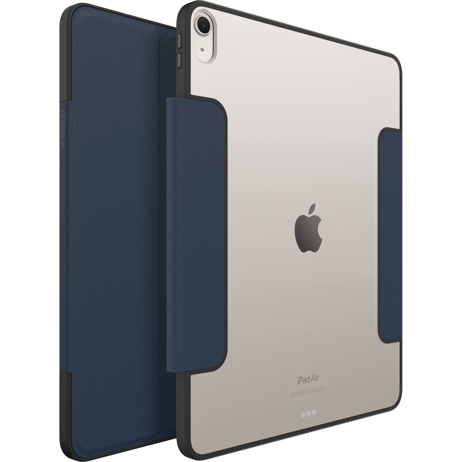 The image features a white iPad Air with a blue case on it. The case is designed to protect the iPad and is attached to the device. The iPad Air is a popular tablet computer that offers a sleek and portable design, making it a popular choice for users who want a powerful and versatile device for work, entertainment, and communication.