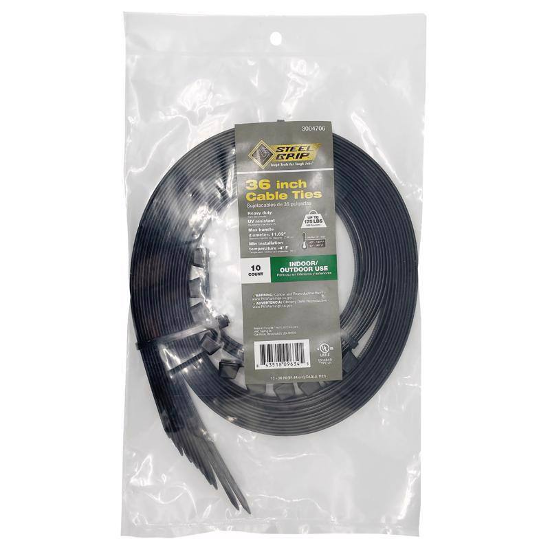 3004706 STEEL GRIP 36 inch Cable Ties  
Sujetacables de 36 pulgadas  
10 COUNT  
INDOOR/OUTDOOR USE  
175 LBS  
4.03 mm diameter  
Installation nothnmaorators  
WARNING: ADVERTENCIA