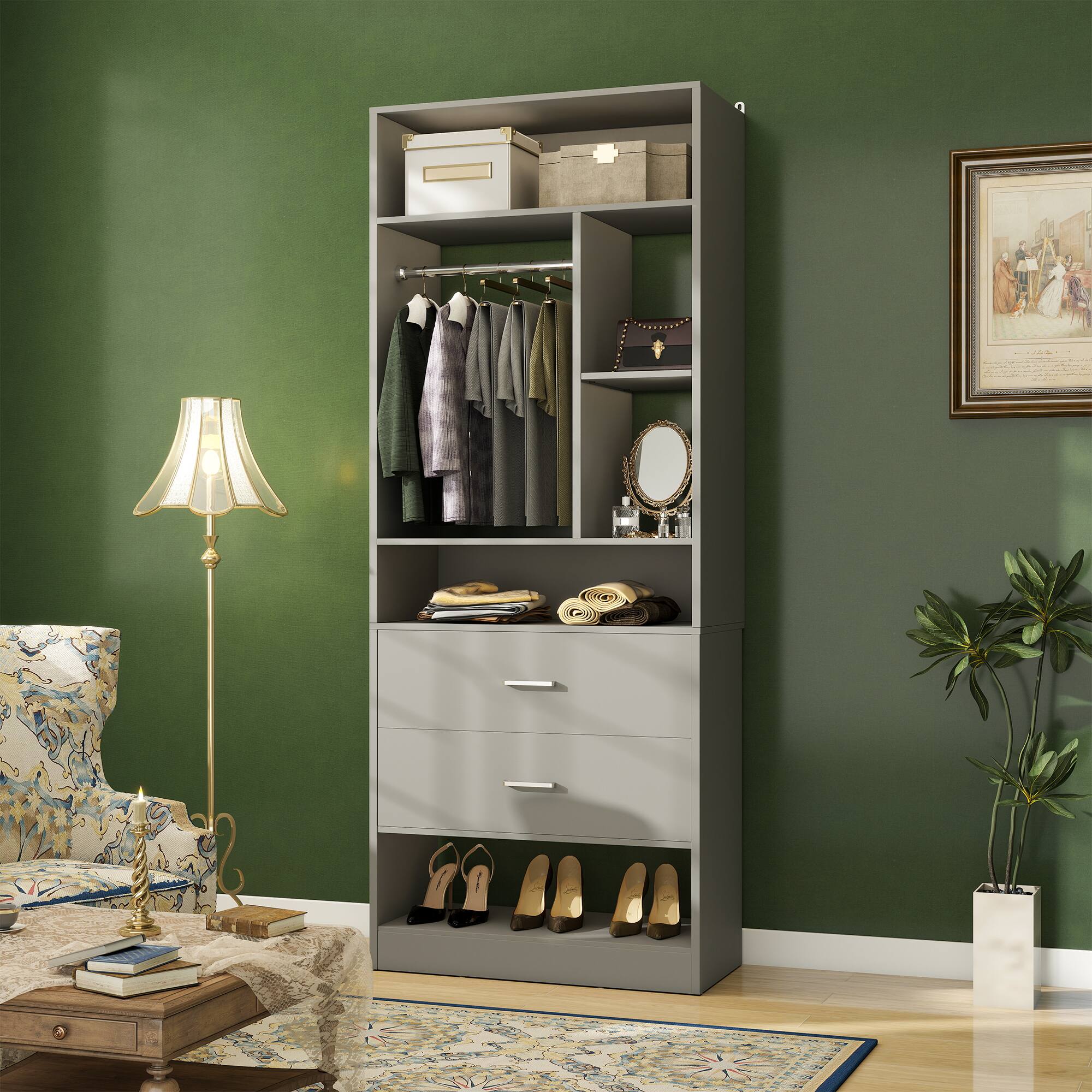 Left. Aheaplus - 4FT Closet Organizer with 4 Drawers, 10+ Shelves & 2 Rods – Set of 2 (48" L x 15" W x 80" H) - Gray.