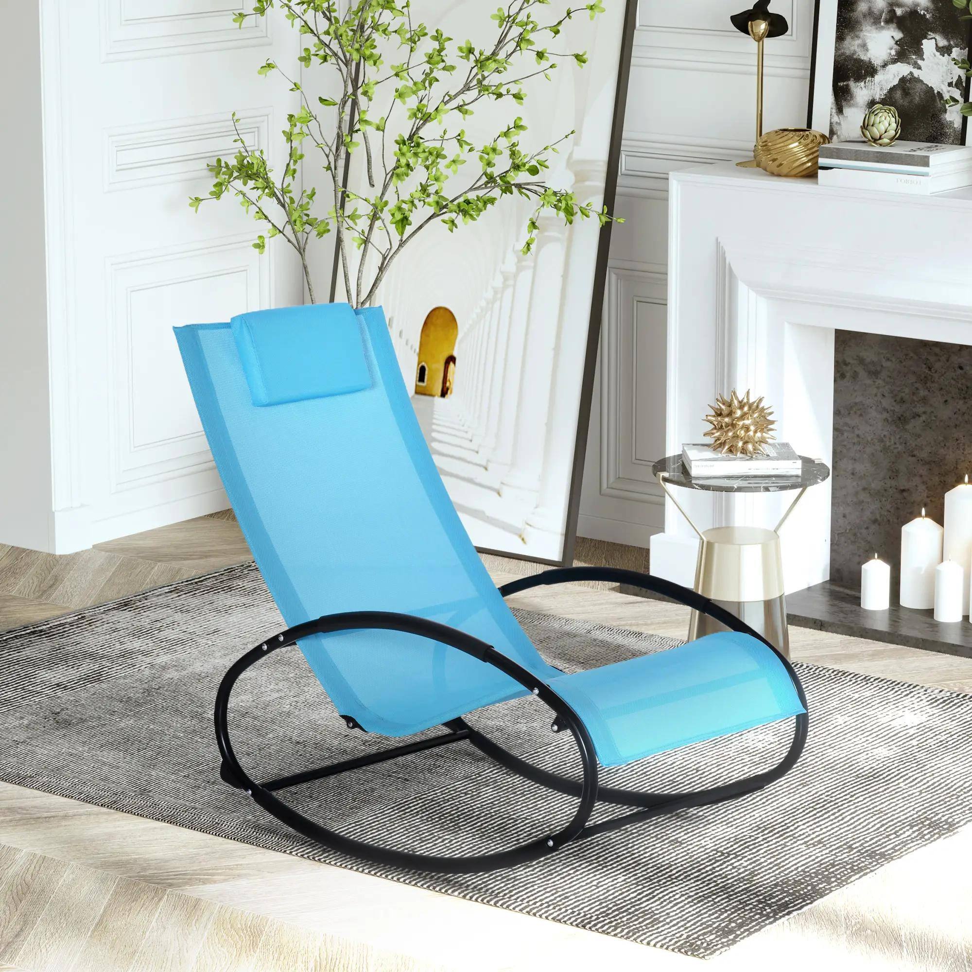 Left. Resenkos - Resenkos Pool Lounger, Outdoor Rocking Beach Chair, Sunbathing Essentials, Pillow-Included, Mesh Backrest, Sky Blue - Sky Blue.