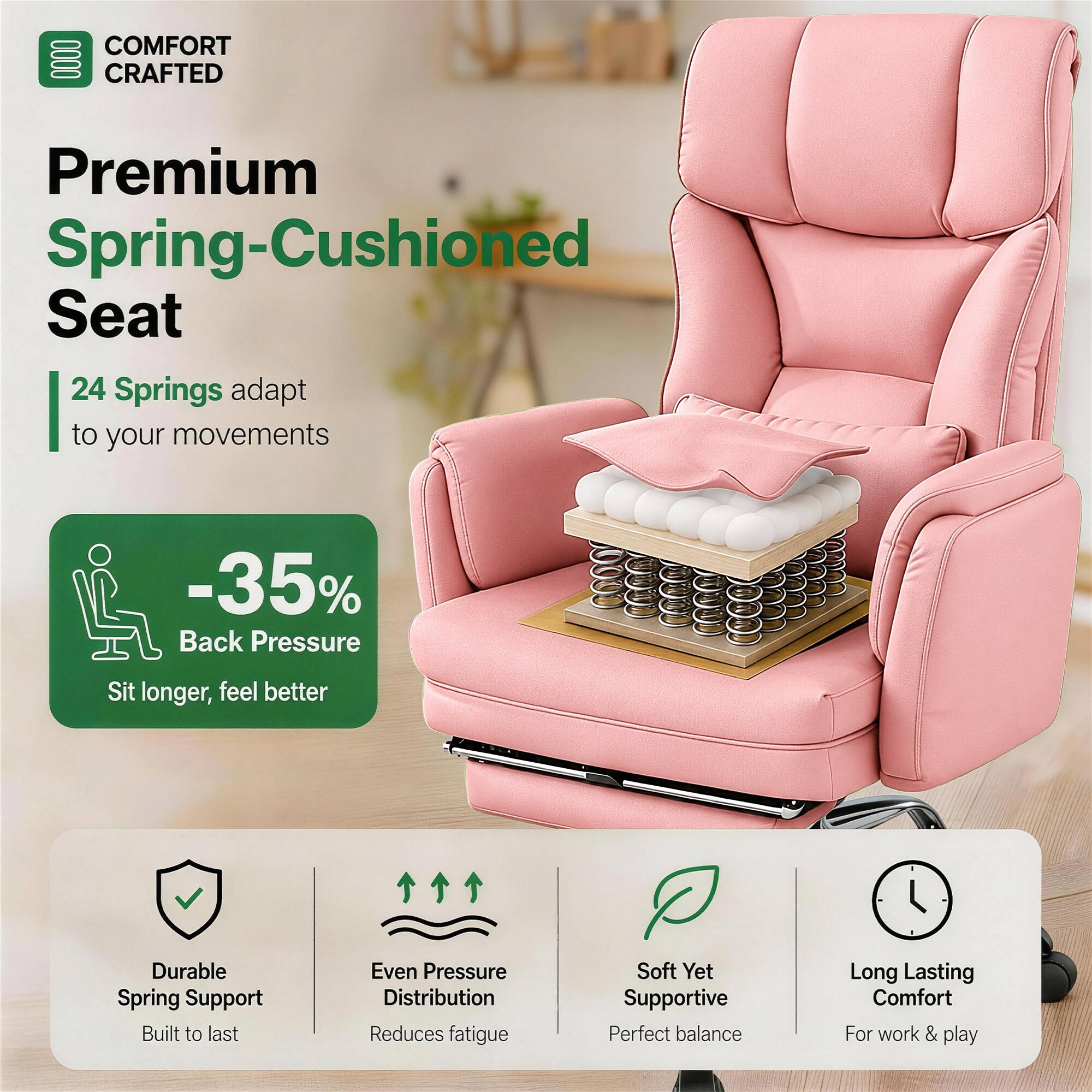 COMFORT CRAFTED

Premium Spring-Cushioned Seat

24 Springs adapt to your movements

-35% Back Pressure
Sit longer, feel better

Durable Spring Support
Built to last

Even Pressure Distribution
Reduces fatigue

Soft Yet Supportive
Perfect balance

Long Lasting Comfort
For work & play