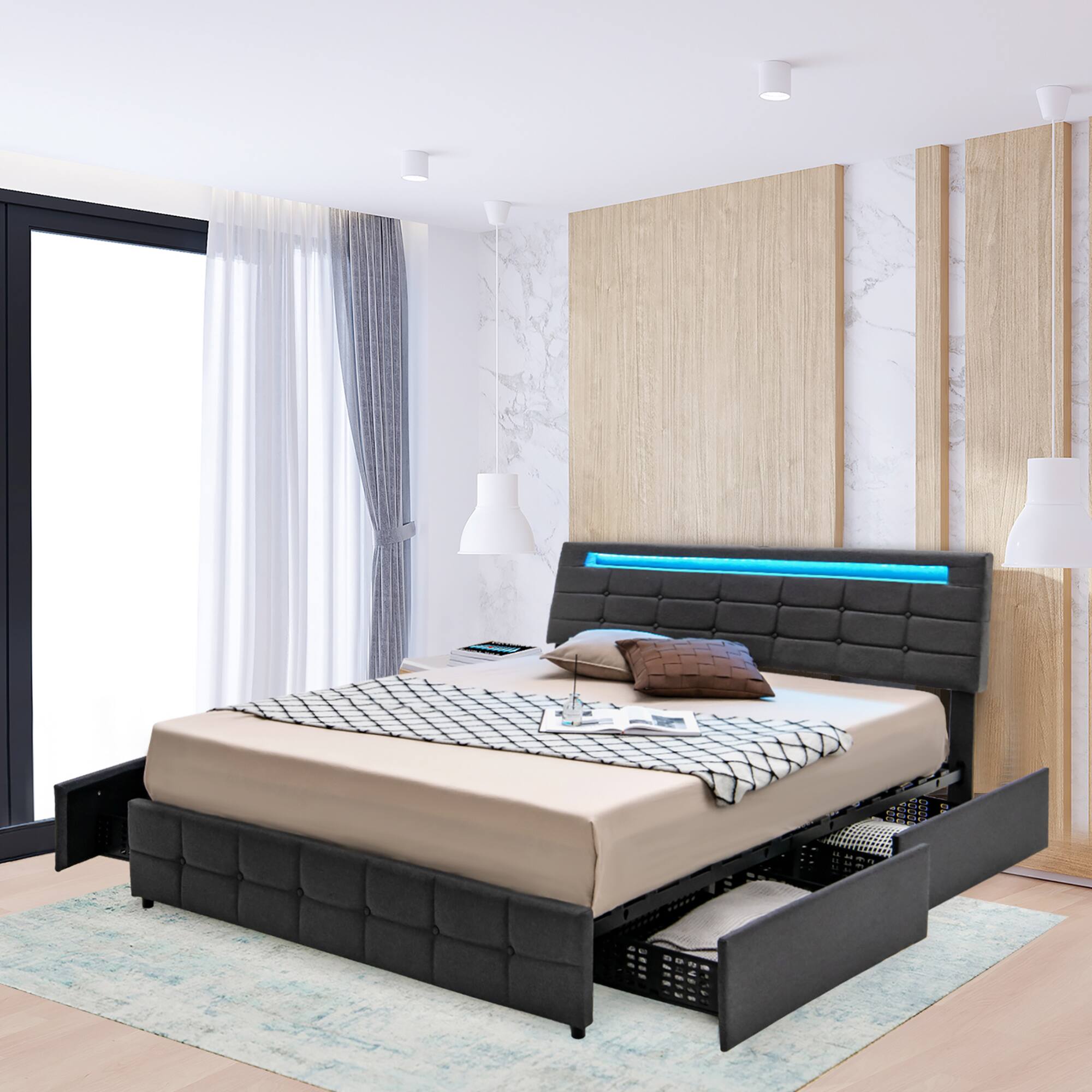 Alt View 8. Costway - Costway Upholstered Queen LED Lights Bed Headboard Drawers Solid Wooden Slat Platform - Gray.