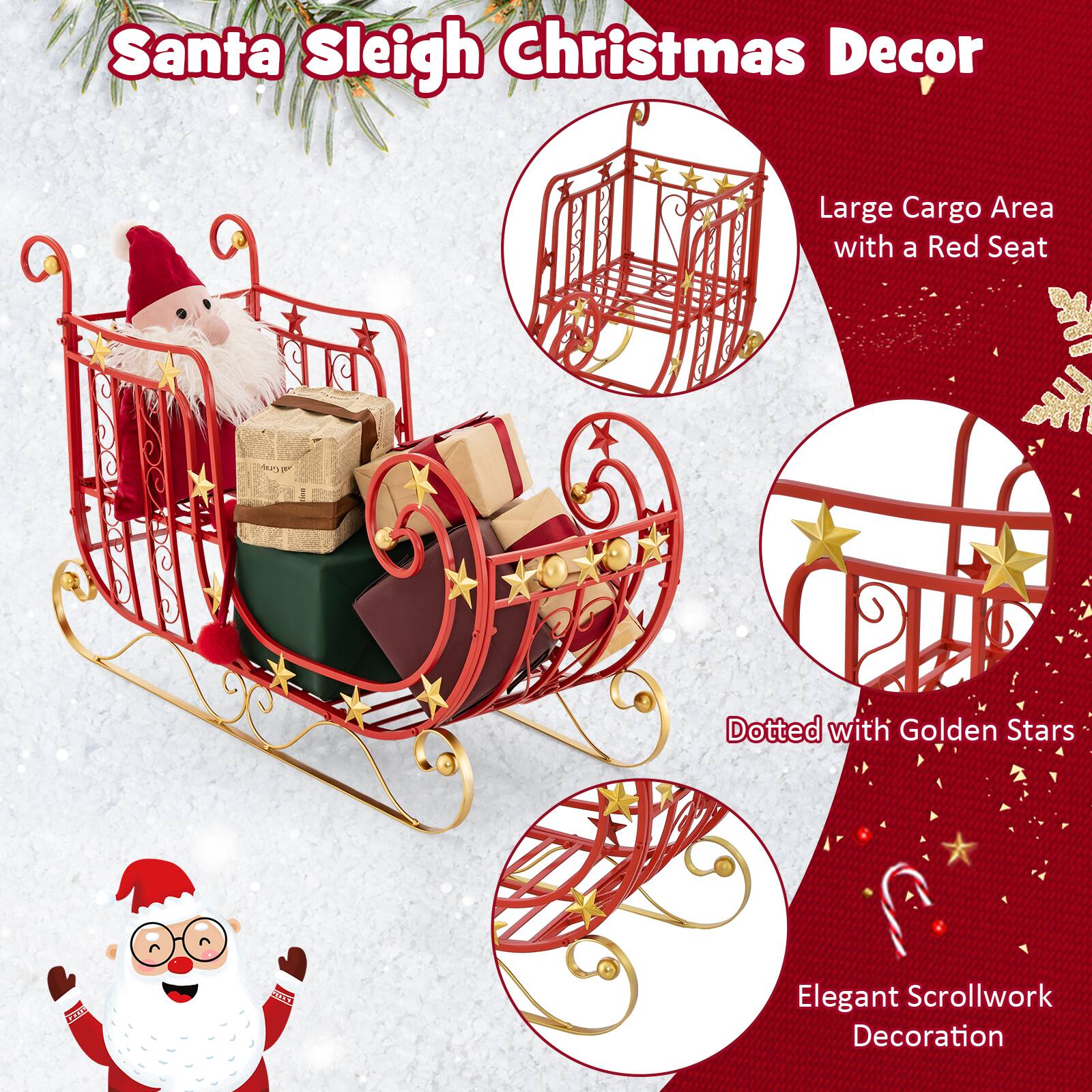 Santa Sleigh Christmas Decor

- Large Cargo Area with a Red Seat
- Dotted with Golden Stars
- Elegant Scrollwork Decoration