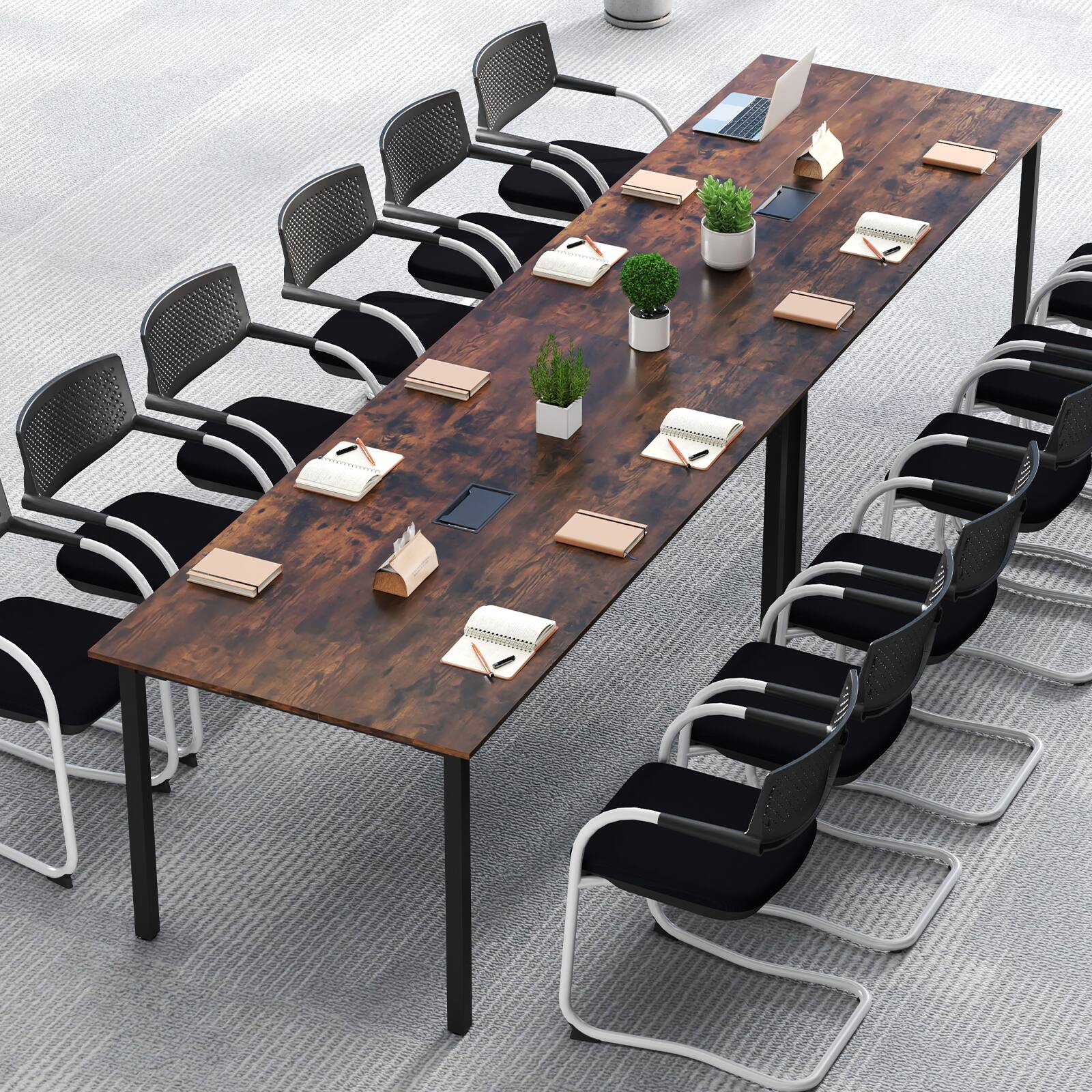 Alt View 8. Gymax - Gymax 2PCS Large Office Table w/ Cable Grommet Sturdy Metal Legs for Boardroom - Rustic Brown, Black.