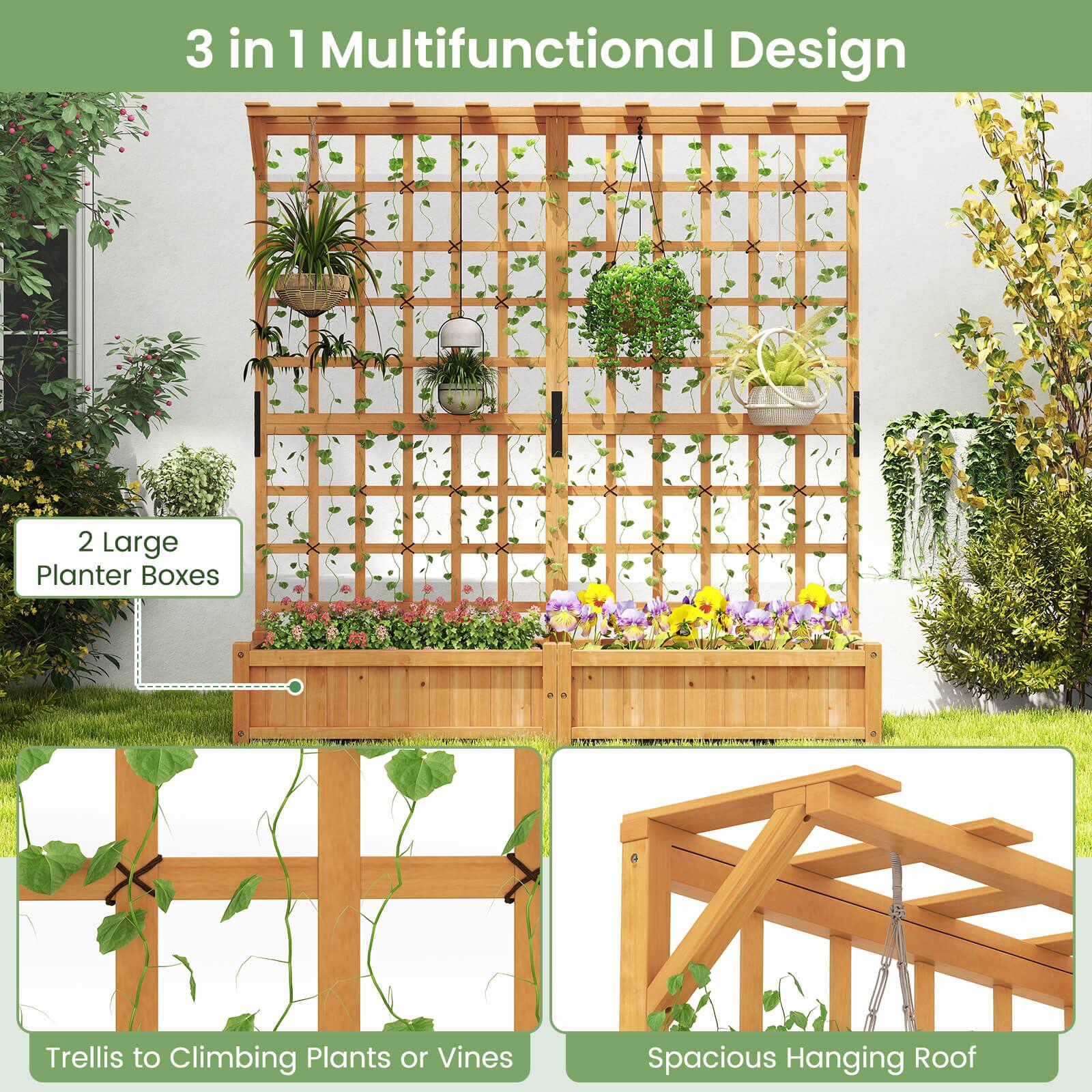 3 in 1 Multifunctional Design

- 2 Large Planter Boxes
- Trellis to Climbing Plants or Vines
- Spacious Hanging Roof