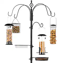Best Choice Products - 89in 6-Hook Bird Feeding Station, Steel Multi-Feeder Stand w/ 4 Feeders, Tray, Bird Bath - Black