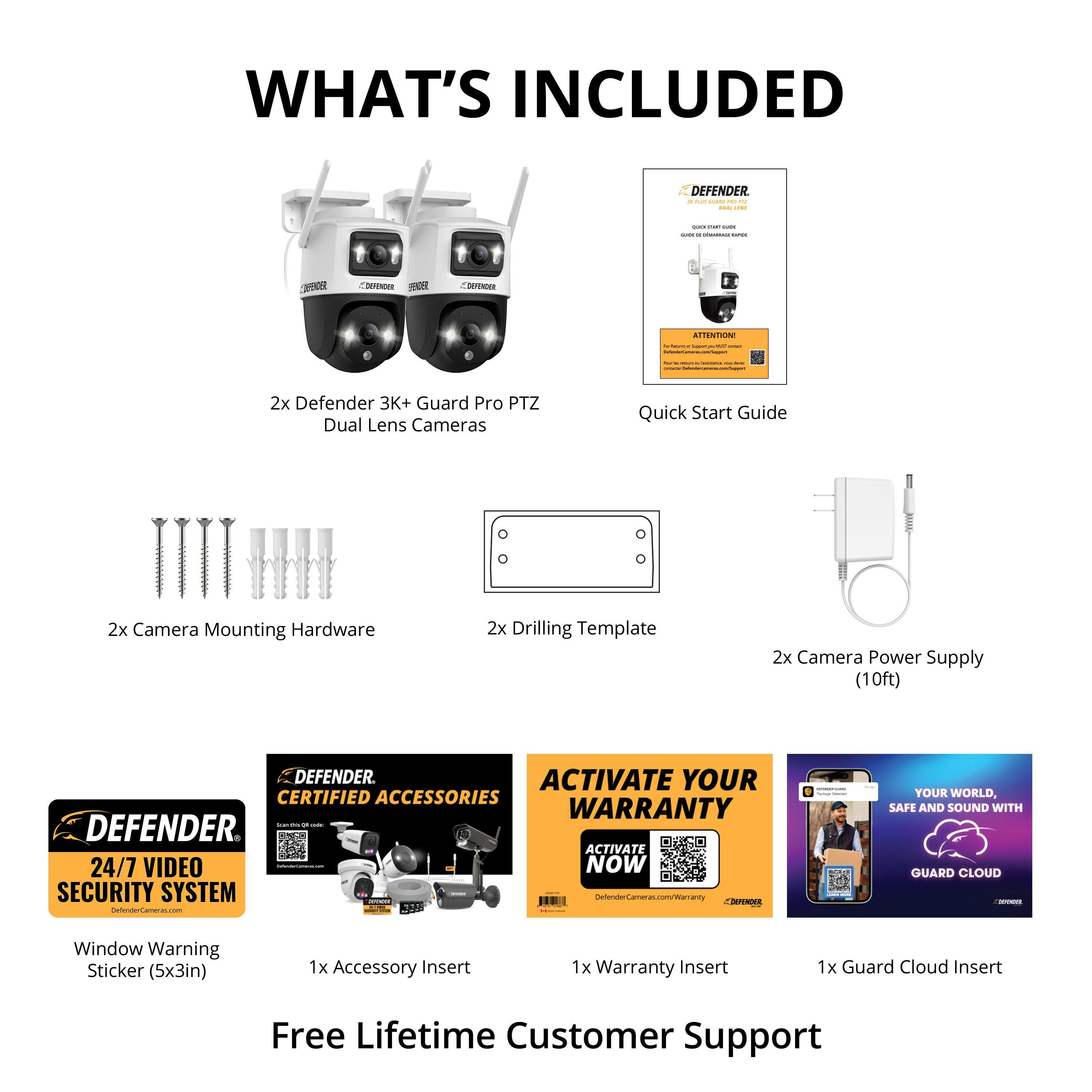 **WHAT'S INCLUDED**

- 2x Defender 3K+ Guard Pro PTZ Dual Lens Cameras
- 2x Camera Mounting Hardware
- 2x Drilling Template
- 2x Camera Power Supply (10ft)
- Quick Start Guide

**DEFENDER**

- 24/7 VIDEO SECURITY SYSTEM
- Window Warning Sticker (5x3in)
- 1x Accessory Insert
- 1x Warranty Insert
- 1x Guard Cloud Insert

**ACTIVATE YOUR WARRANTY NOW**

**Free Lifetime Customer Support**

**YOUR WORLD, SAFE AND SOUND WITH GUARD CLOUD**