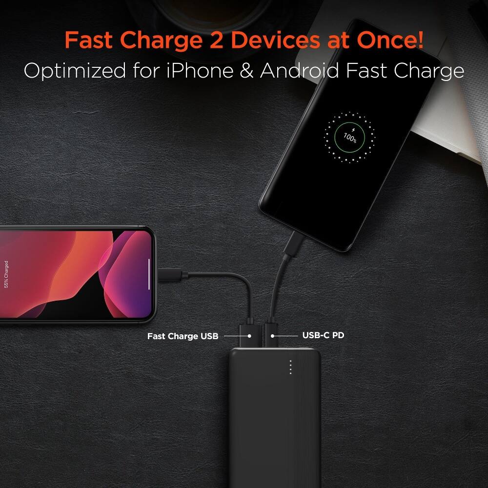Fast Charge 2 Devices at Once!  
Optimized for iPhone & Android Fast Charge  
100% Charged 55%  
Fast Charge USB  
USB-C PD