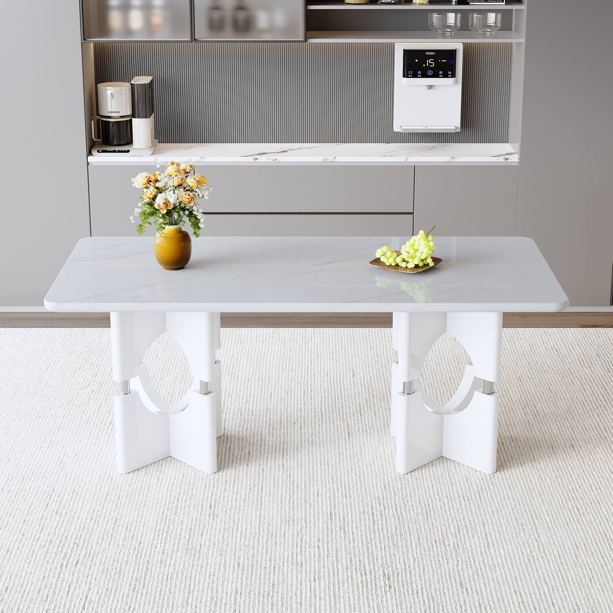 Left. Loheer - Loheer- Modern Faux Marble Dining Table 5.9x2.8x2.5 ft Hollow Metal Frame Kitchen Table For Apartments - White.