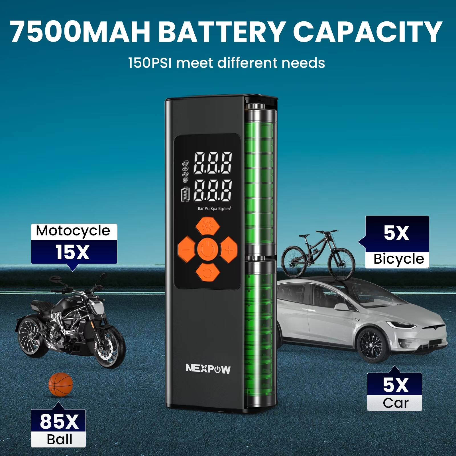 7500MAH BATTERY CAPACITY  
150PSI meet different needs  
8.88 Bar  
Pu Ep Kgicm  
Motocycle 15X  
5X Bicycle  
85X Ball  
NEXPOW 5X Car
