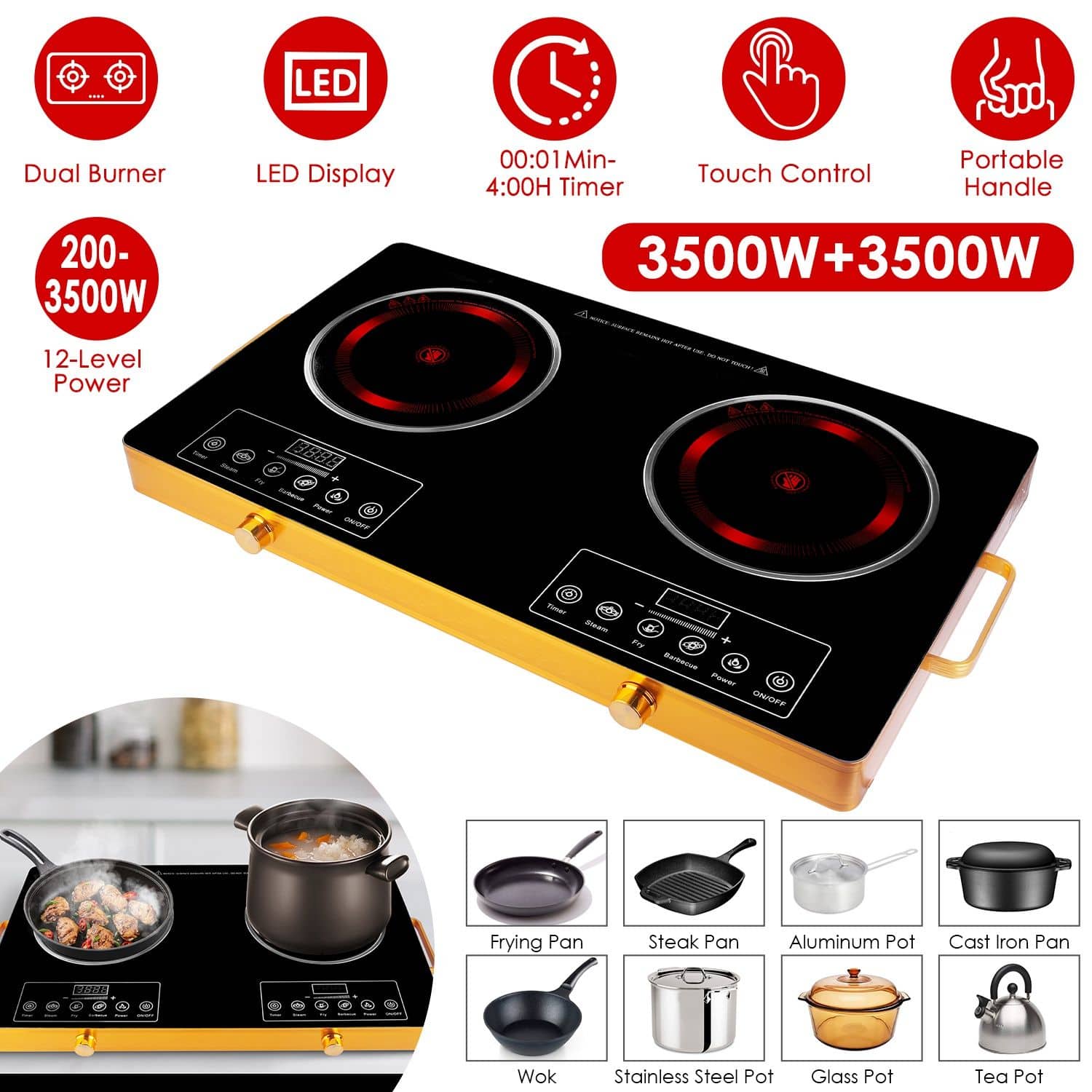 Mirfee - 7000W Dual Electric Burner, 4 Preset Modes & Timer, Glass Surface for Camper/Office - Black