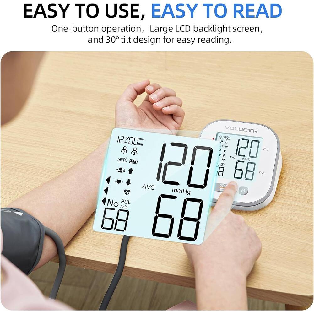 EASY TO USE, EASY TO READ  
One-button operation, Large LCD backlight screen, and 30° tilt design for easy reading.  

VOLUETTI  
12:00 am  
120  
mmHg  
68  
PUL /min  
68  

AVG  
68  

12:00 pm  
120  
mmHg  
68  
DIA  
68  

M